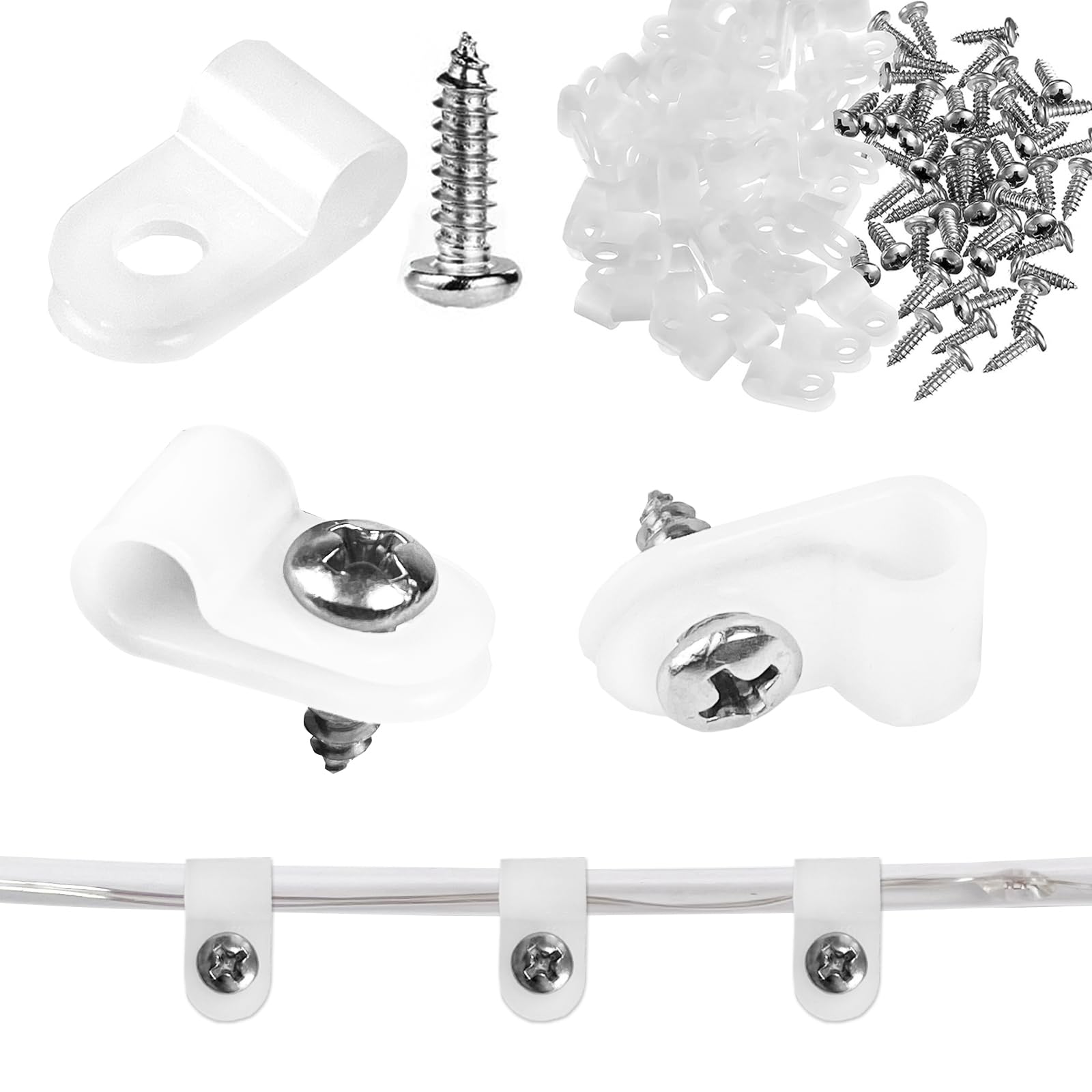 Nazuwke 50 Pack 1/5 Inch Rope Light Clips with Stainless Steel Screws, P-Style Rope Light Mounting Clips, Outdoor Light Clips fo