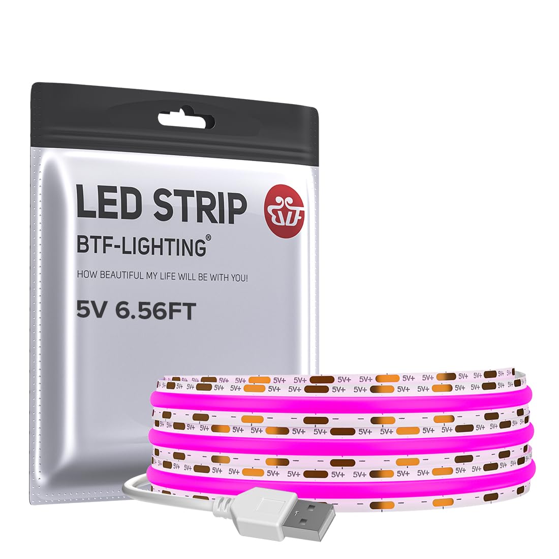 BTF-LIGHTING FCOB USB Powered Purple Color COB LED Band Lights 6.56FT 640LEDs 5V 8mm Width 90+ High CRI Ultra Bright Flexible Light for TV Backlight Display Cabinet PC DIY Decor