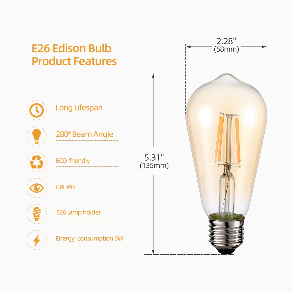 Hession Vintage Edison Led Bulb, 6-Pack St58 E26 Base 40 Watt Equivalent, Warm White 2200K-2700K, Antique Vintage Style Light, S