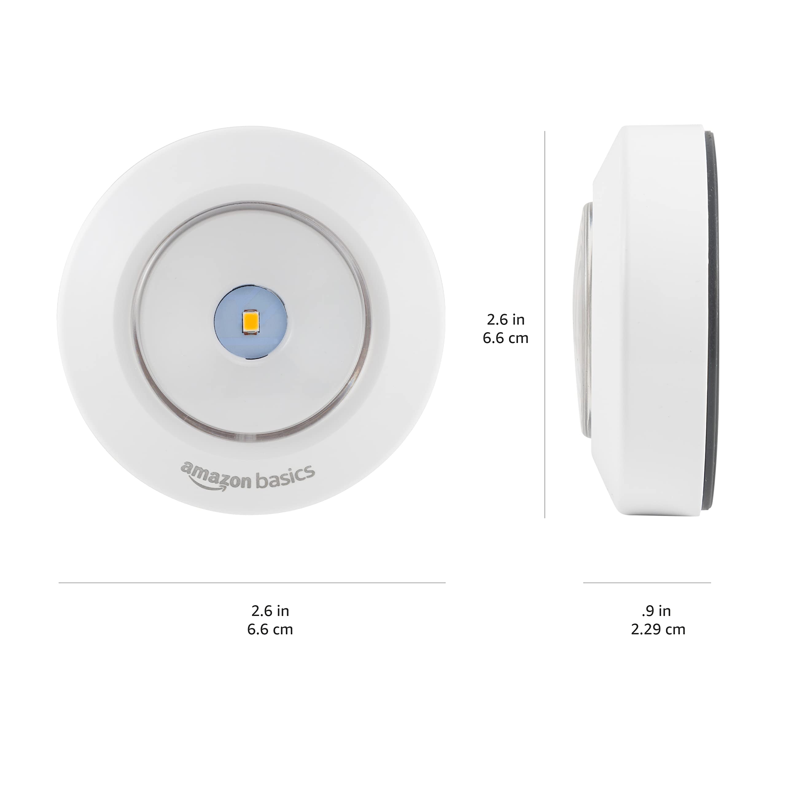 Amazon Basics Led Puck Lights, Battery Operated, 50 Lumens 2 Pack, Tap Light, Stick On Lights, Under Cabinet Lighting, Ideal For Kitchen Cabinets, Closets, Garage And More, White