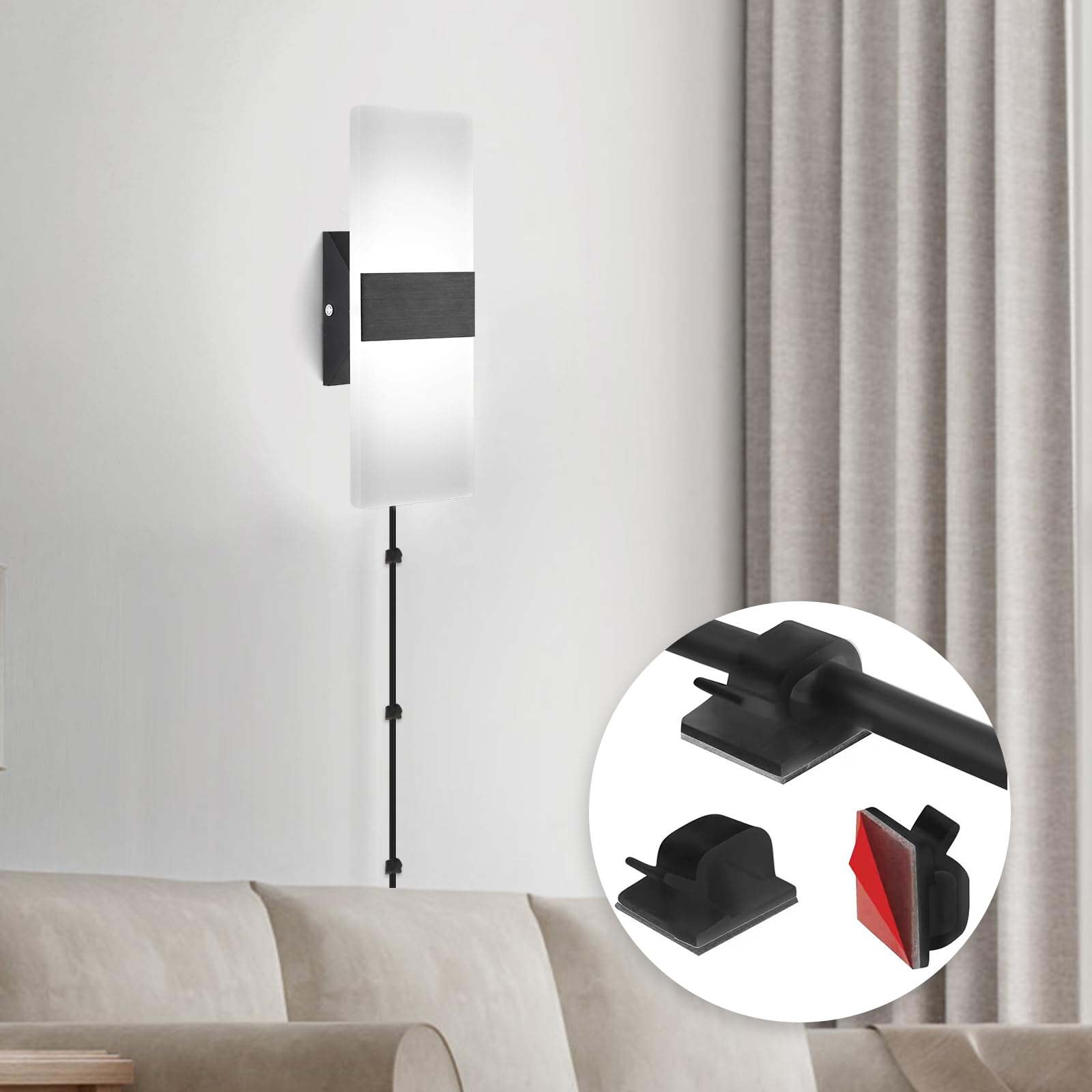 GOODATE Plug in Wall Sconces, Adjustable 3000K-6500K, 12W LED, Set of 2, Black, Acrylic + Pure Aluminum, Model YKL-02