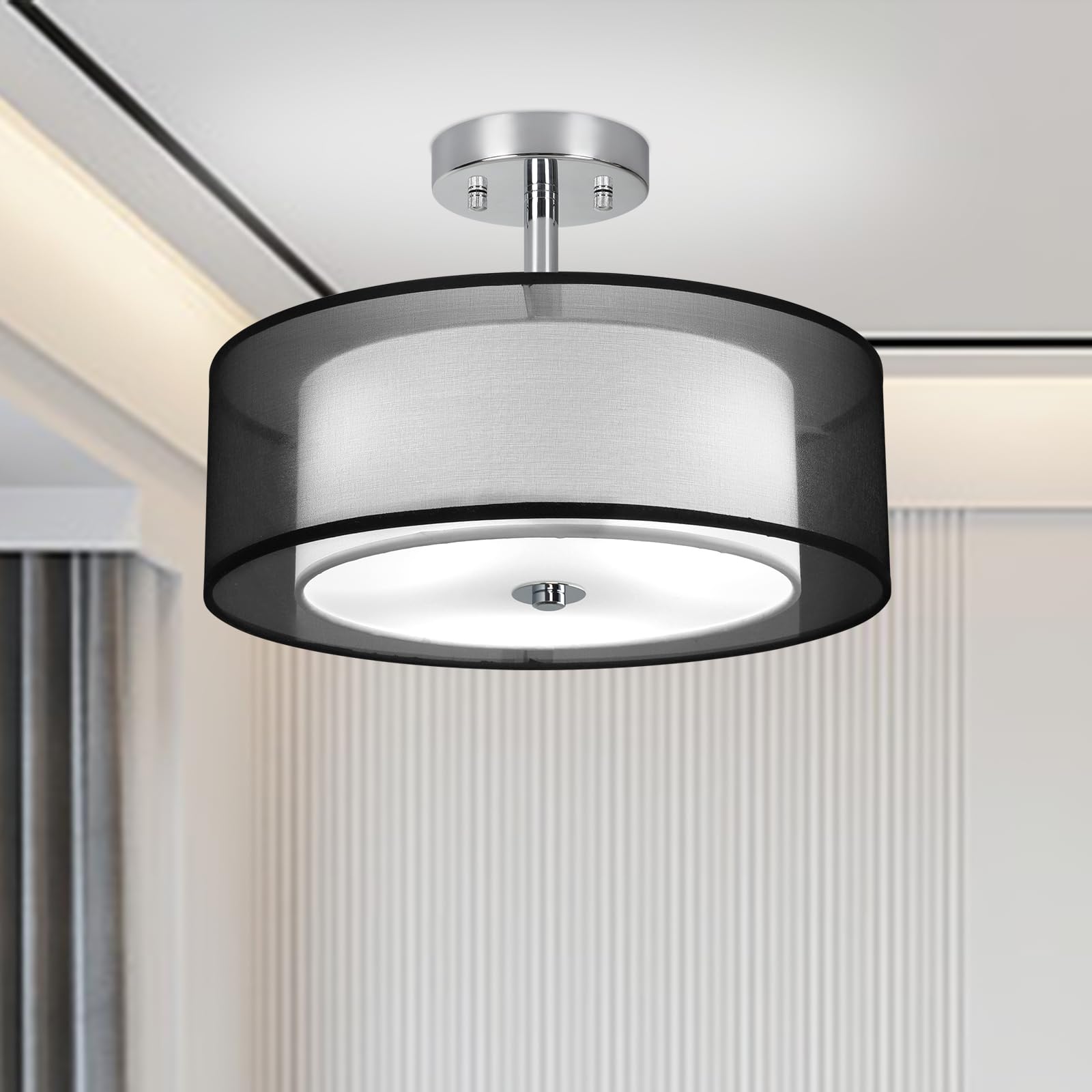DLLT 3-Light Semi Flush Mount Ceiling Light Fixture, Modern 15'' Black Ceiling Lamp with Double Fabric Shade, Close to Ceiling L
