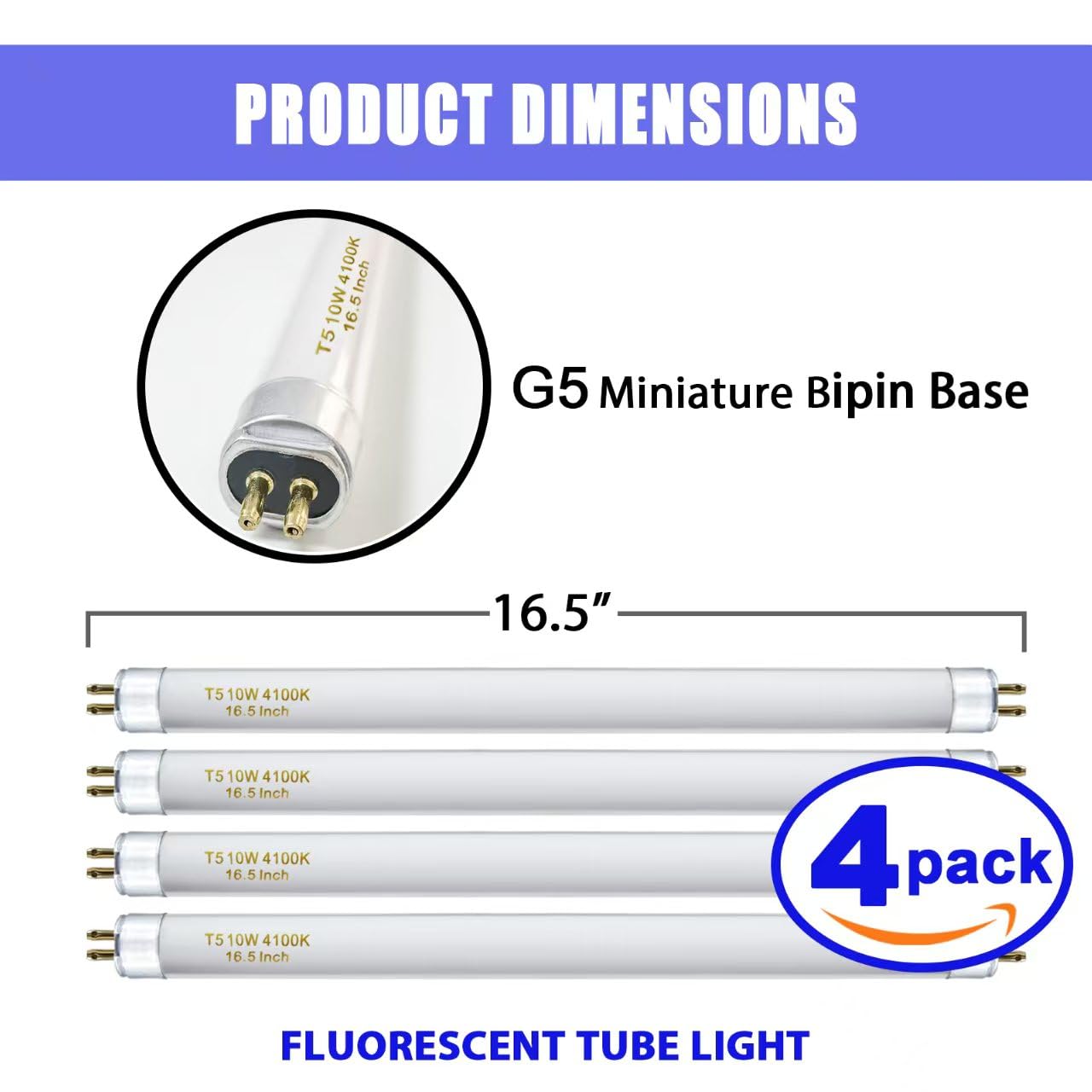 Amgolibi T5 10W Fluorescent Light Bulb, Cool White, 16", G5 Base, 4-Pack, 900lm, Glass