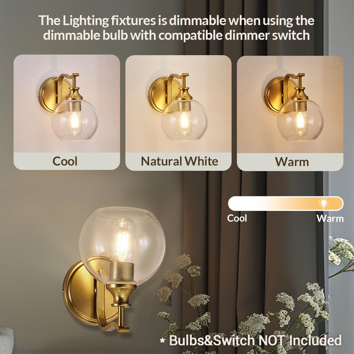 ANDY STAR Brushed Gold Bathroom Light Fixture, 1-Light Wall Sconce with Clear Globe Shade, Metal Vanity Lighting for Home