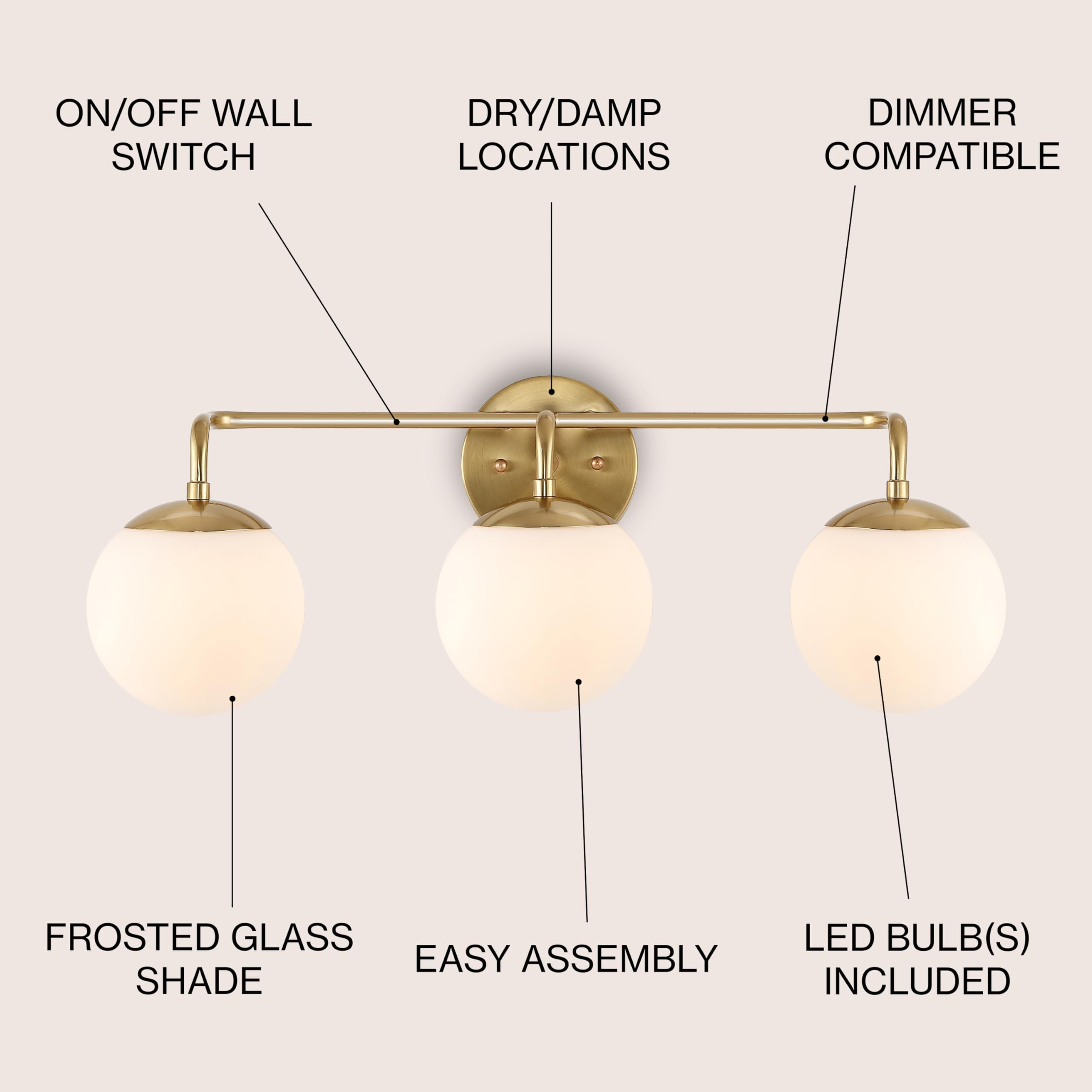 Jonathan Y Jyl3536A Louis Parisian Globe 25'' 3-Light Metal/Frosted Glass Modern Contemporary Led Vanity Midcentury Glam 2700K L
