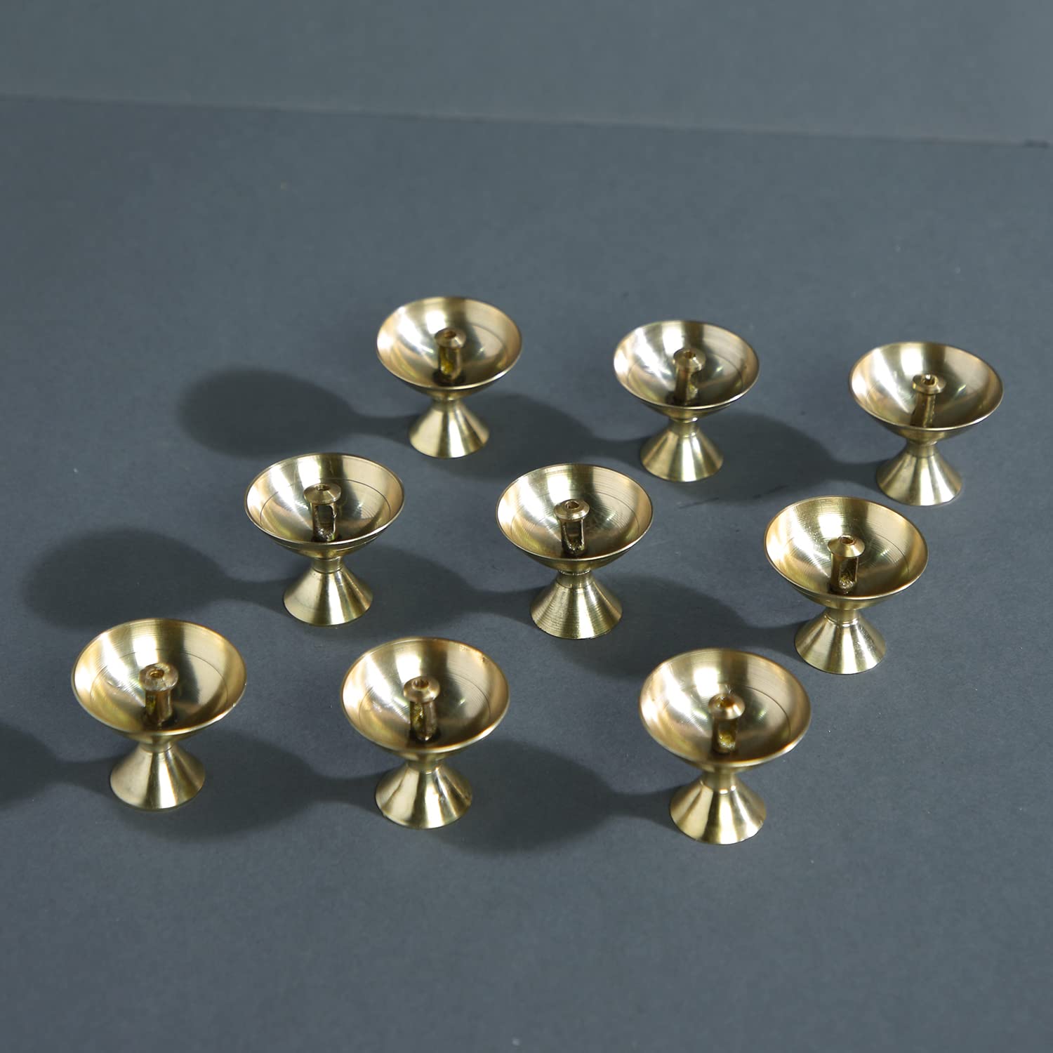 CraftVatika Brass Akhand Small Diya Oil Lamp Holder for Puja (4 x 3.2 CM, Golden) (9 Piece)