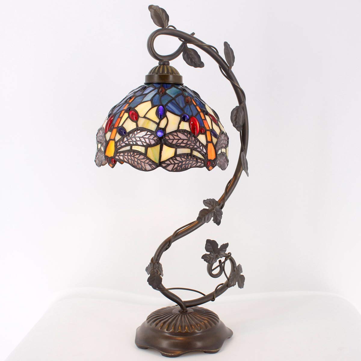 WERFACTORY Tiffany Table Lamp, Stained Glass Dragonfly Design, 8x10x21 Inches, Blue Yellow, Metal Leaf Base, S128 Series