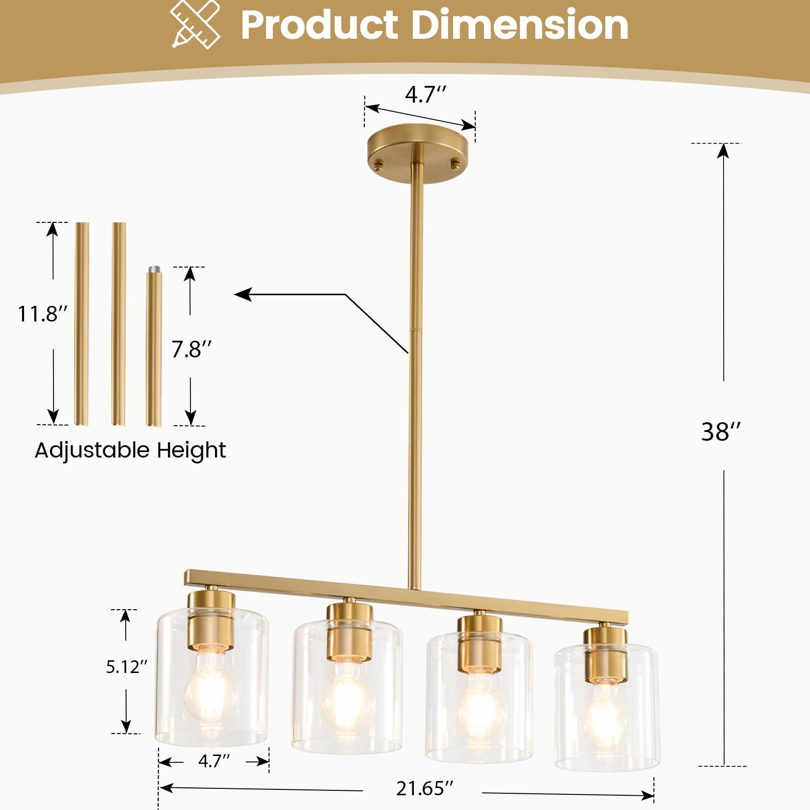 Rocunsi 4-Light Kitchen Island Lighting  Gold Pendant Light Fixture  Farmhouse Dining Room Light Fixtures Over Table  Modern Hanging Light Fixtures With Clear Glass  E26 Base  Bulbs Not Included