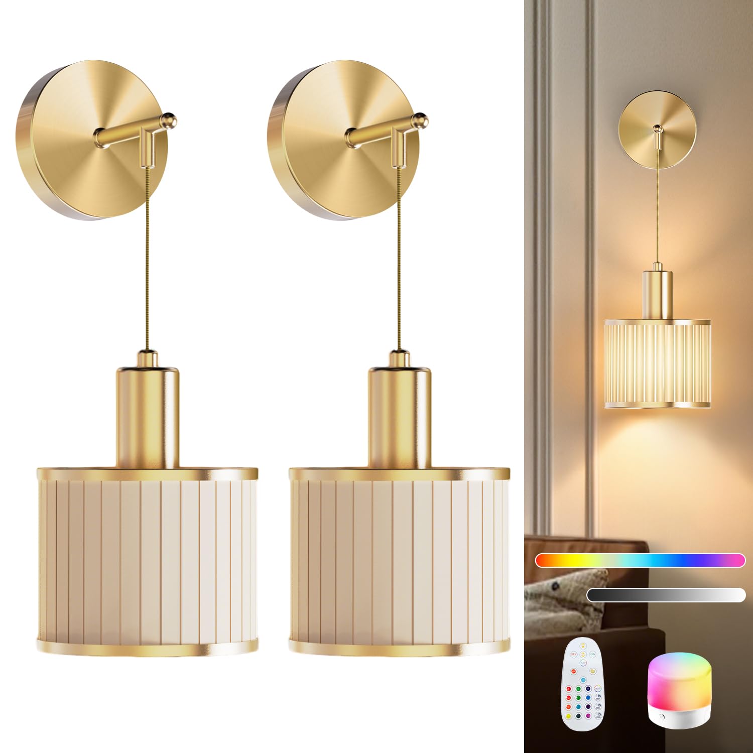 SAIMAND Battery Operated Wall Sconce Set of 2, Wireless Rechargeable LED Lamps, Dimmable, Gold + Beige, Model 001
