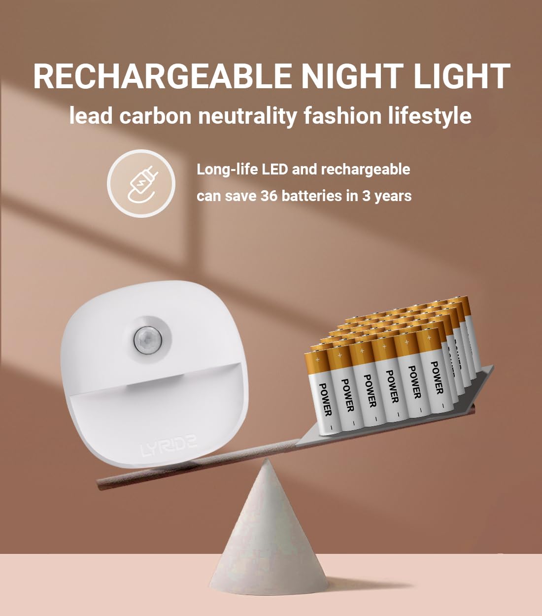 Lyridz Rechargeable Motion Sensor Night Light, Dimmable LED, 3-Pack, White, Model A5126