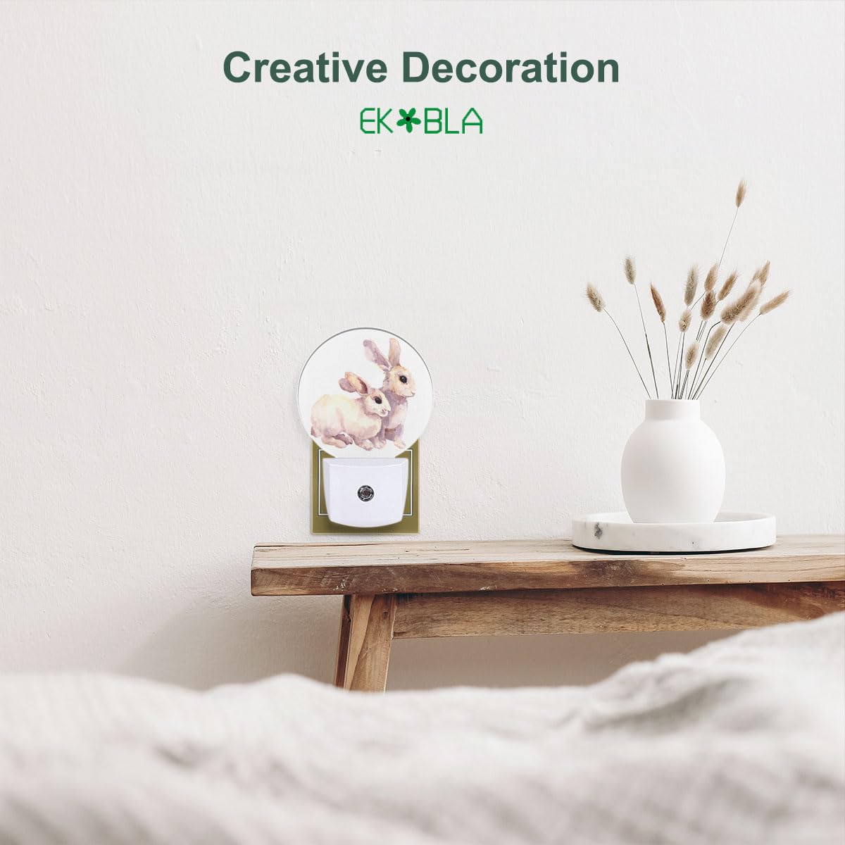 Ekobla White Rabbit Night Lights Plug Into Wall Easter Bunny Ears Night Light Auto Sensor Led Round Lamp For Boys Girls Women Ha
