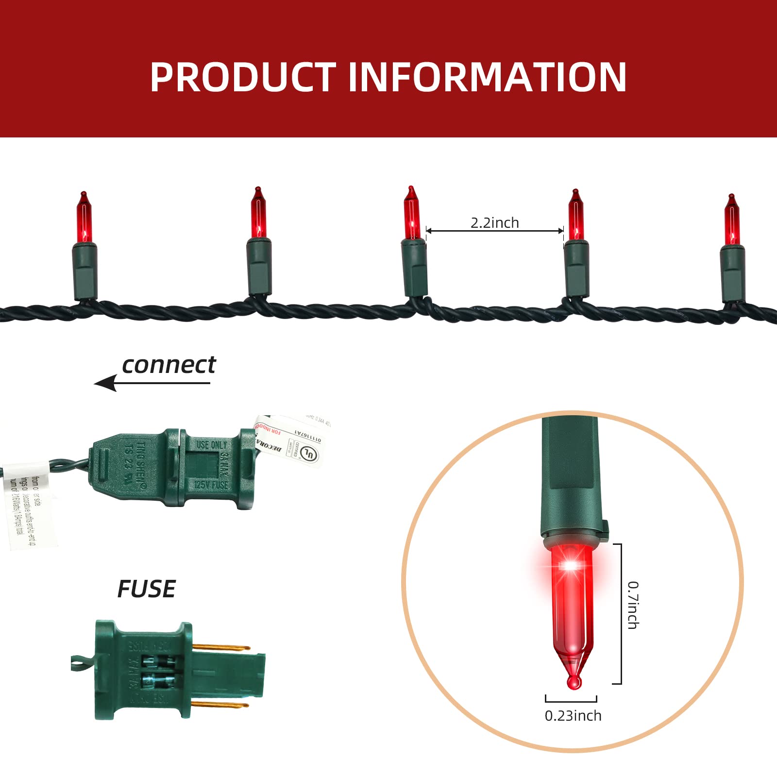 Xmashome 19.6Ft Green Wire Red String Lights, 100 Count Incandescent Christmas Lights