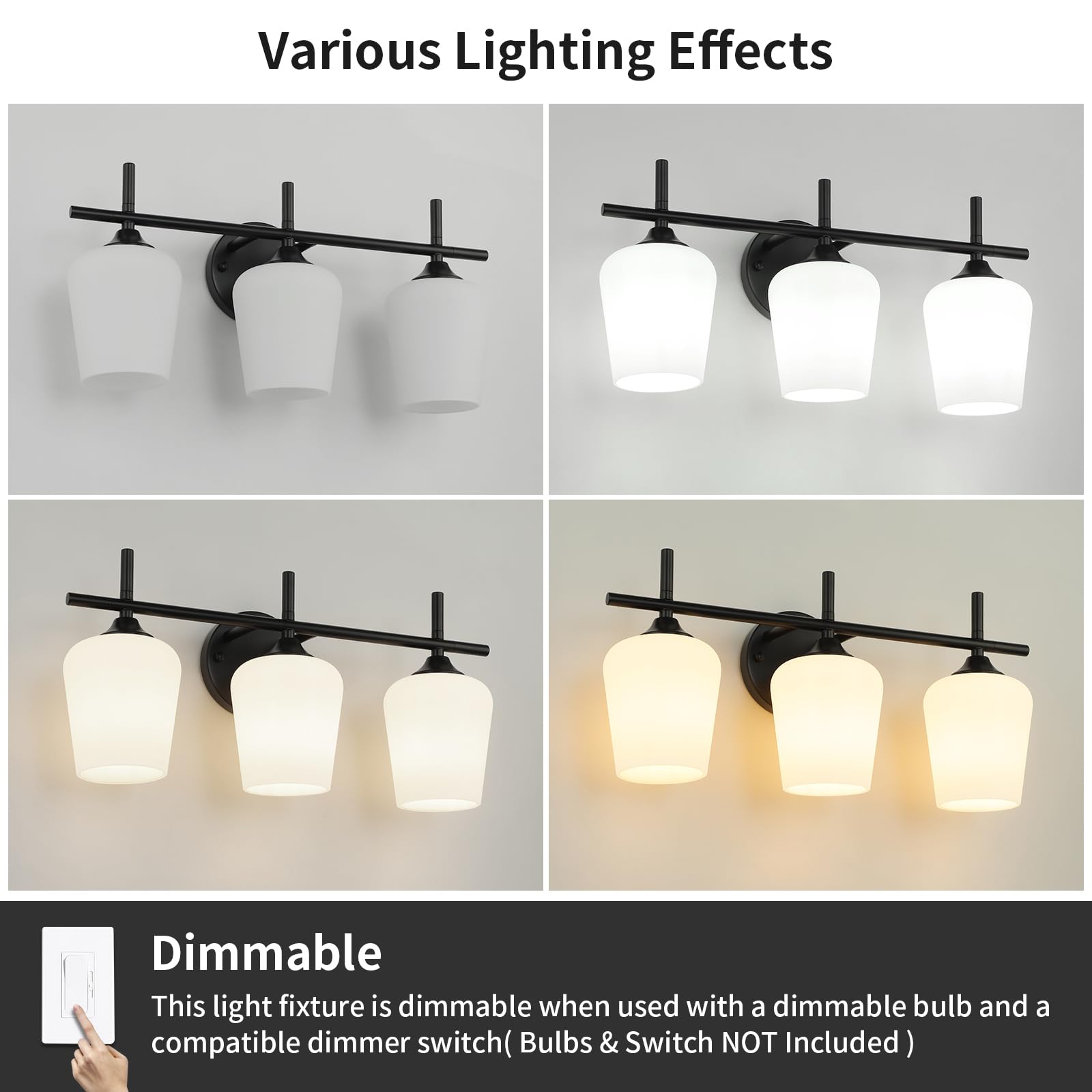 foucasal 3-Light Bathroom Vanity Light Fixture, Modern Black Metal with Milky Glass Shade