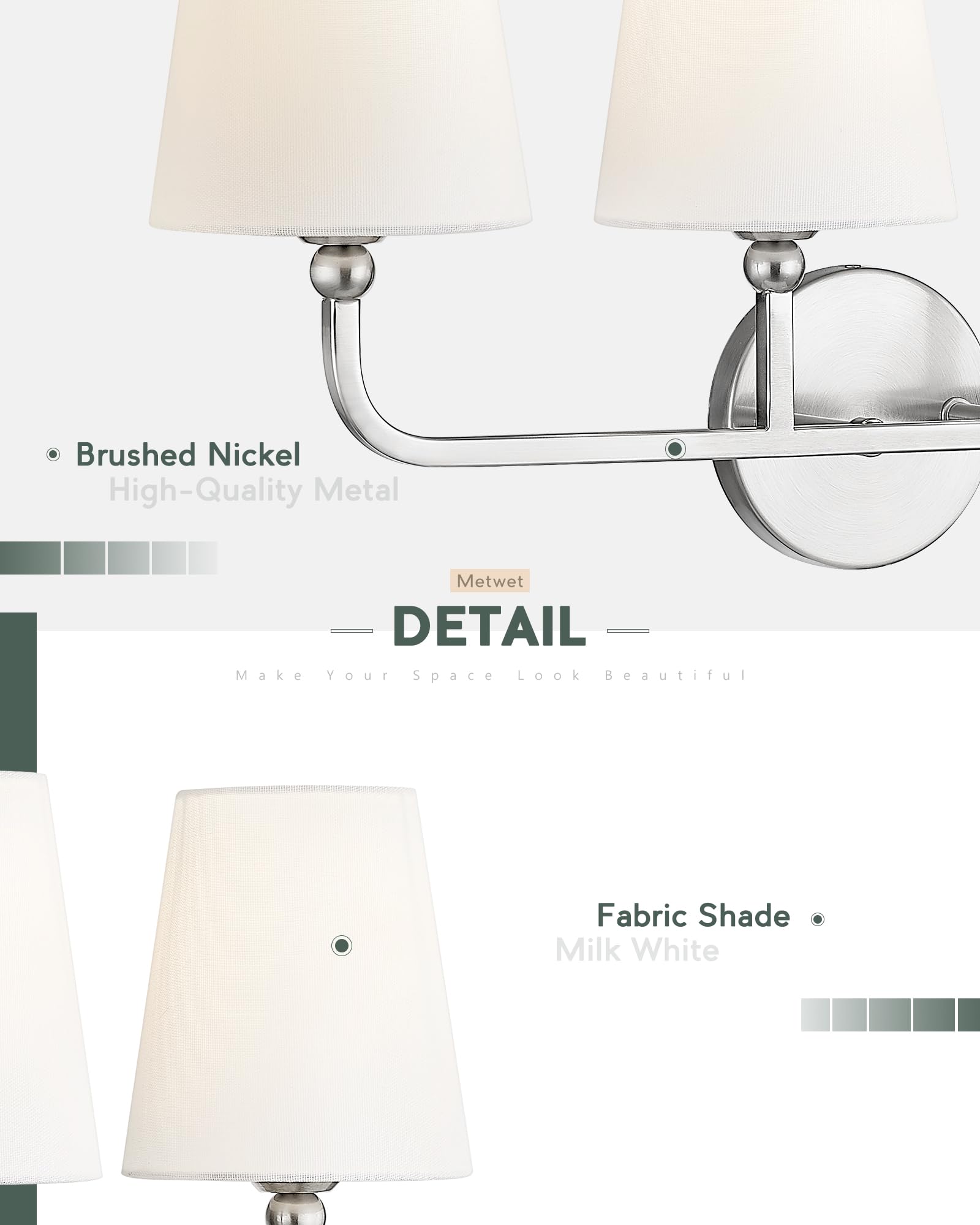Metwet Bathroom Light Fixtures, 4 Light Vanity Lights With Flared White Fabric Shade, 28 Inch Brushed Nickel Wall Sconce, Modern