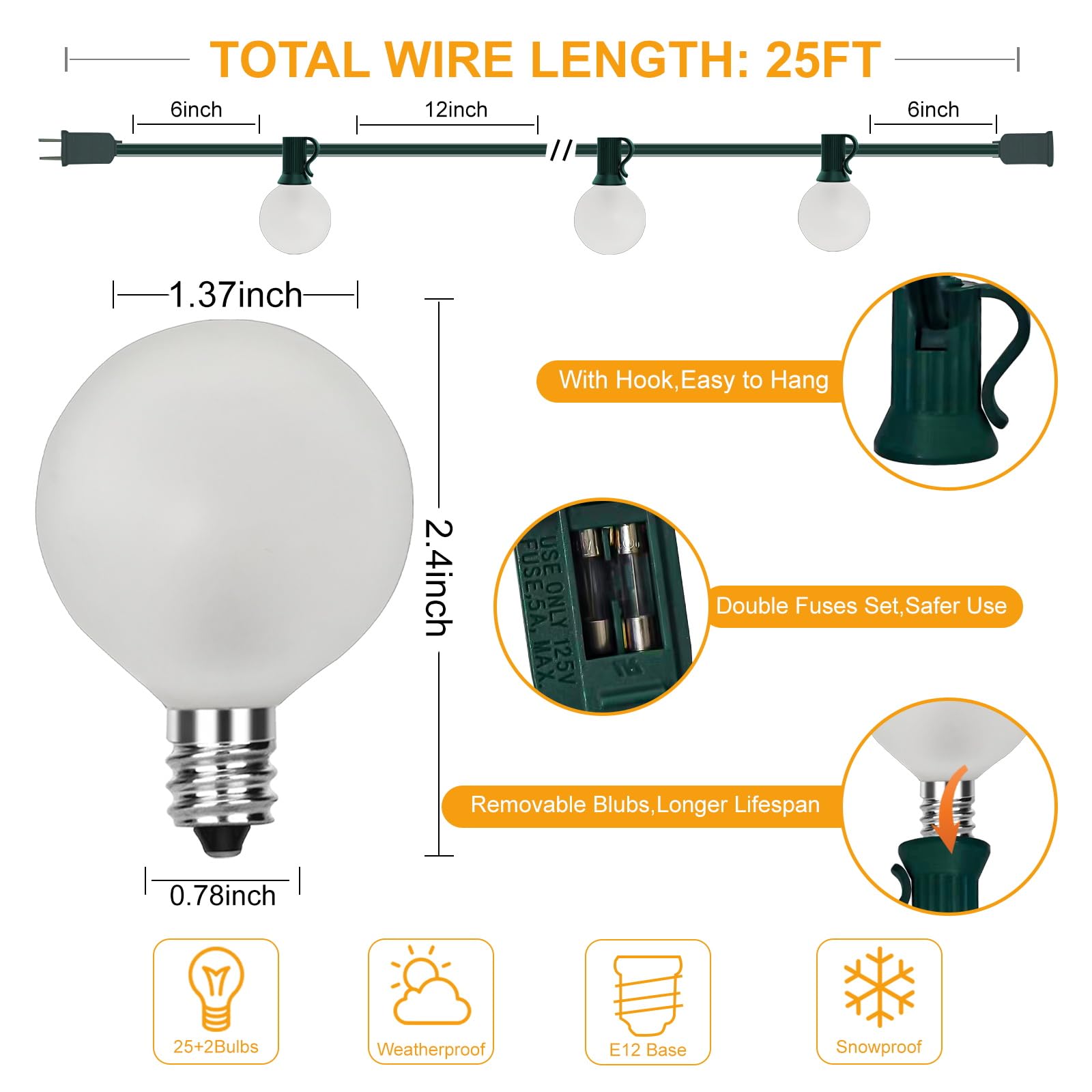 SUNSGNE G40 Round Christmas Lights, 25ft Frosted White Globe Lights, Green Wire, 27 Bulbs for Outdoor Garden Wedding Decor