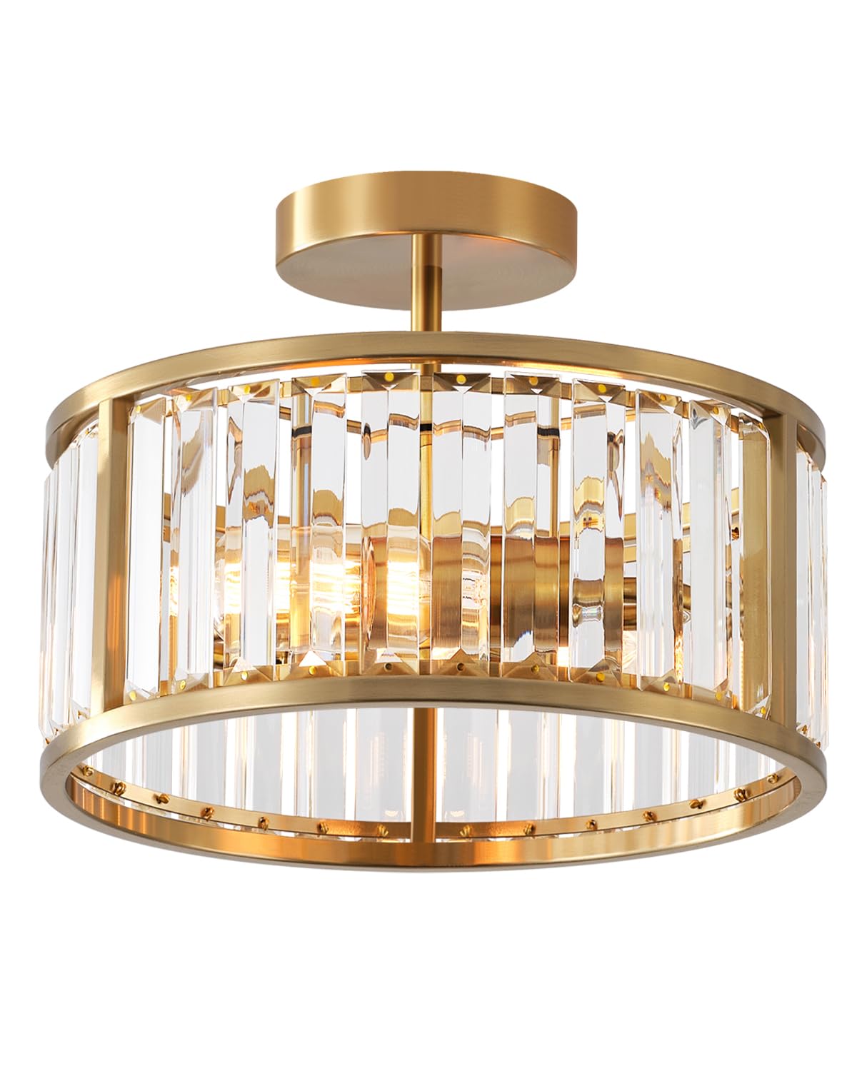 Lhlyclx Brass Gold 2-Light Caged Crystal Flush Mount Ceiling Light - Small Drum Fixture