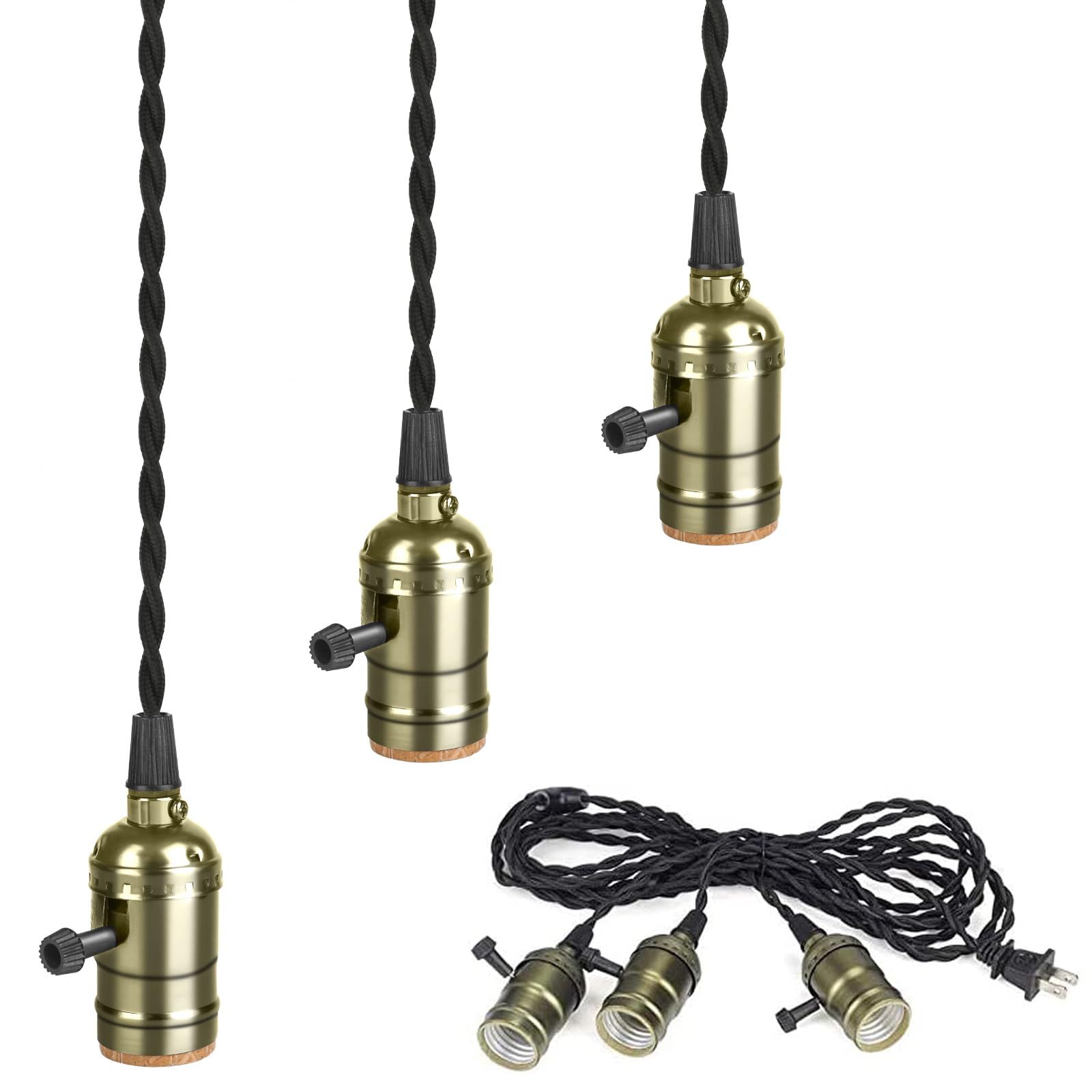 Vintage Plug in Pendant Light Sockets, Triple Hanging Lights with Plug in Cord Kit, 15.9 ft E26/E27 Solid Industrial Light Fixtu