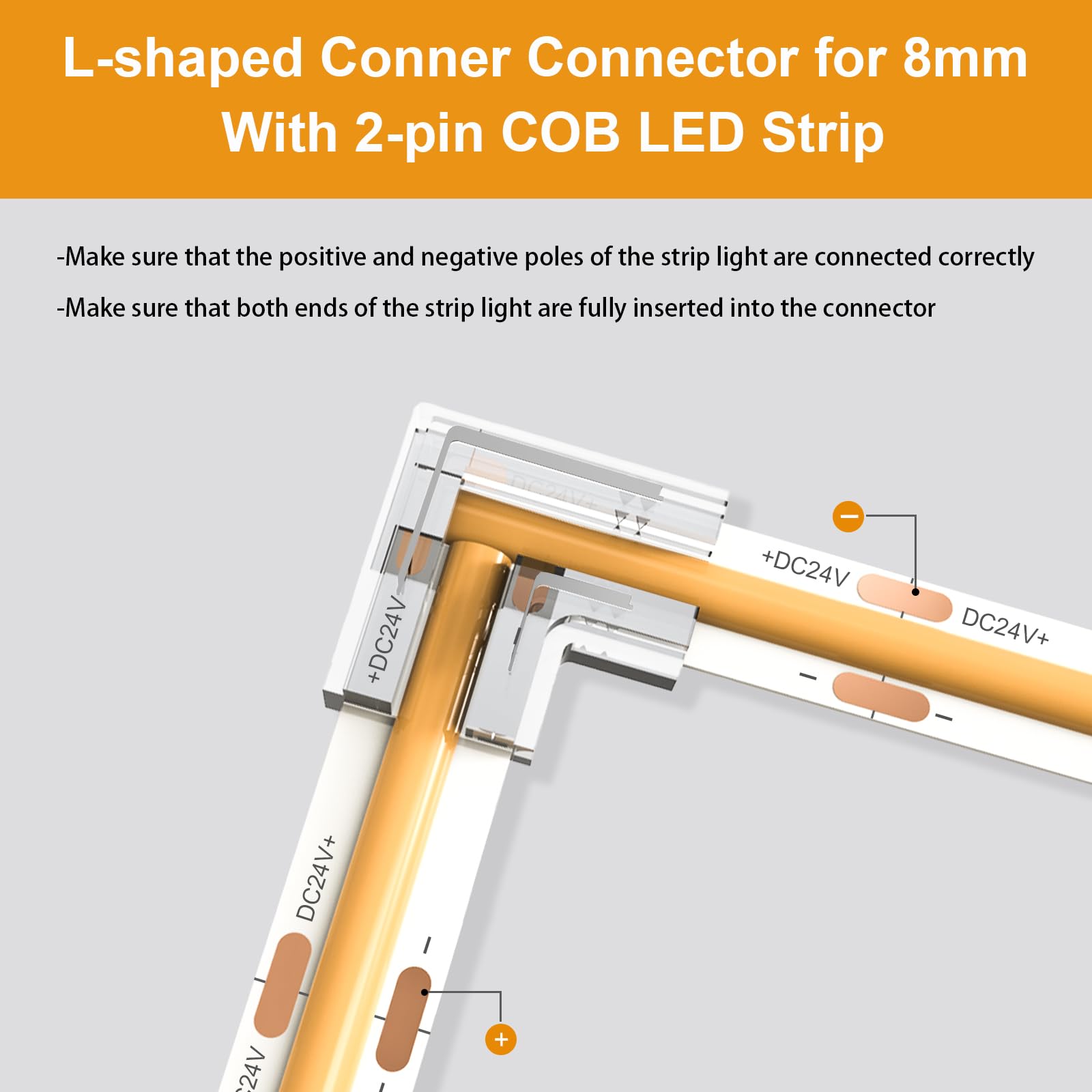 Visdoll 20Pcs Cob Led Light Strip Connectors 8Mm 2Pin,Strip To Strip L-Shaped/Corner Connector Led Tape Light Connectors, Transparent Solderless Gapless No Dark Area For Diy Cob/Smd Strip Lights
