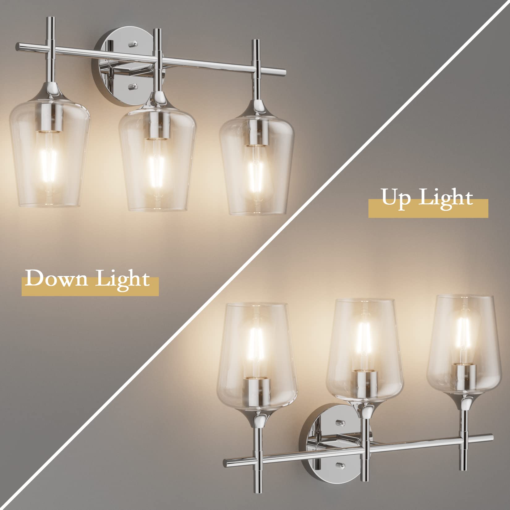 Ralbay Vintage 3-Light Vanity Light Fixture, Chrome, Glass, Model 2031, Industrial Style Bathroom Lighting Over Mirror