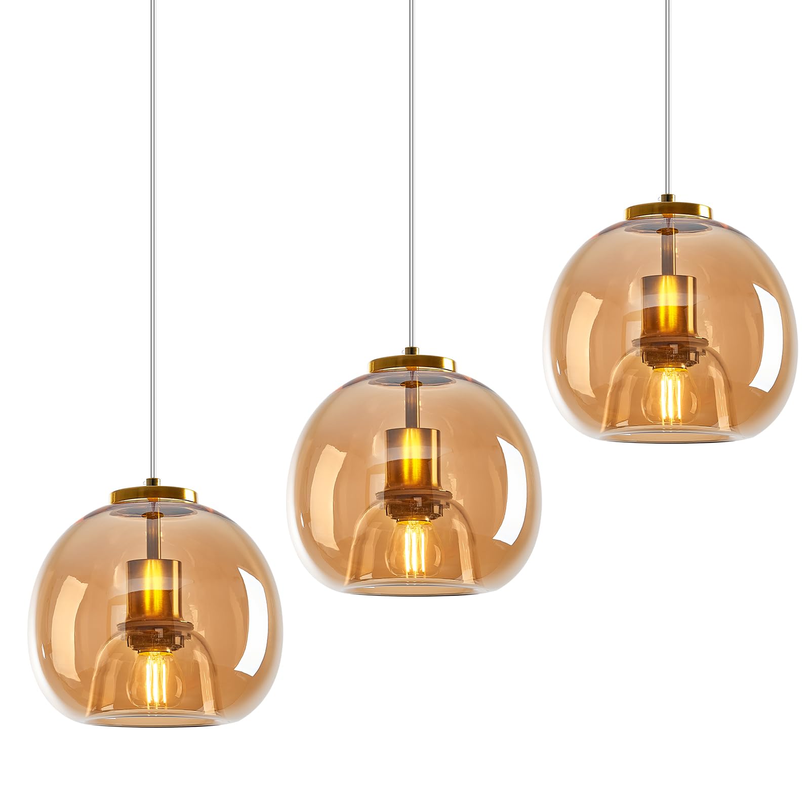 Lbsqj Amber Glass Pendant Lights Kitchen Island Gold Hanging Light Fixture Glass Globe Pendant Light Modern Pendant Lighting For Kitchen Island Bedroom Dining Room (7.87  3 Pack)