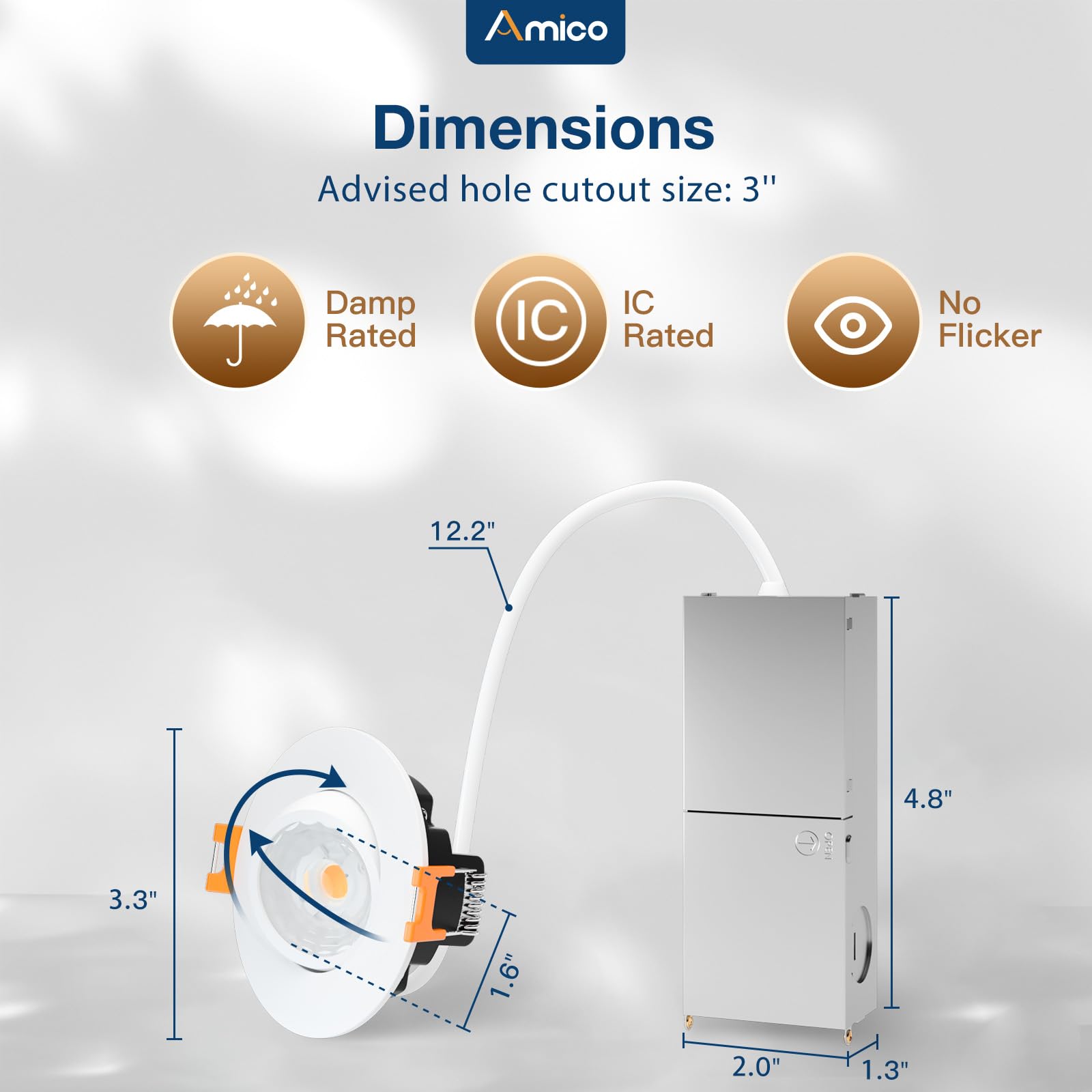 Amico 12 Pack 3 Inch Dimmable 5CCT Eyeball LED Recessed Lighting, 600LM, White, Model 12001, 360° Adjustable, ET