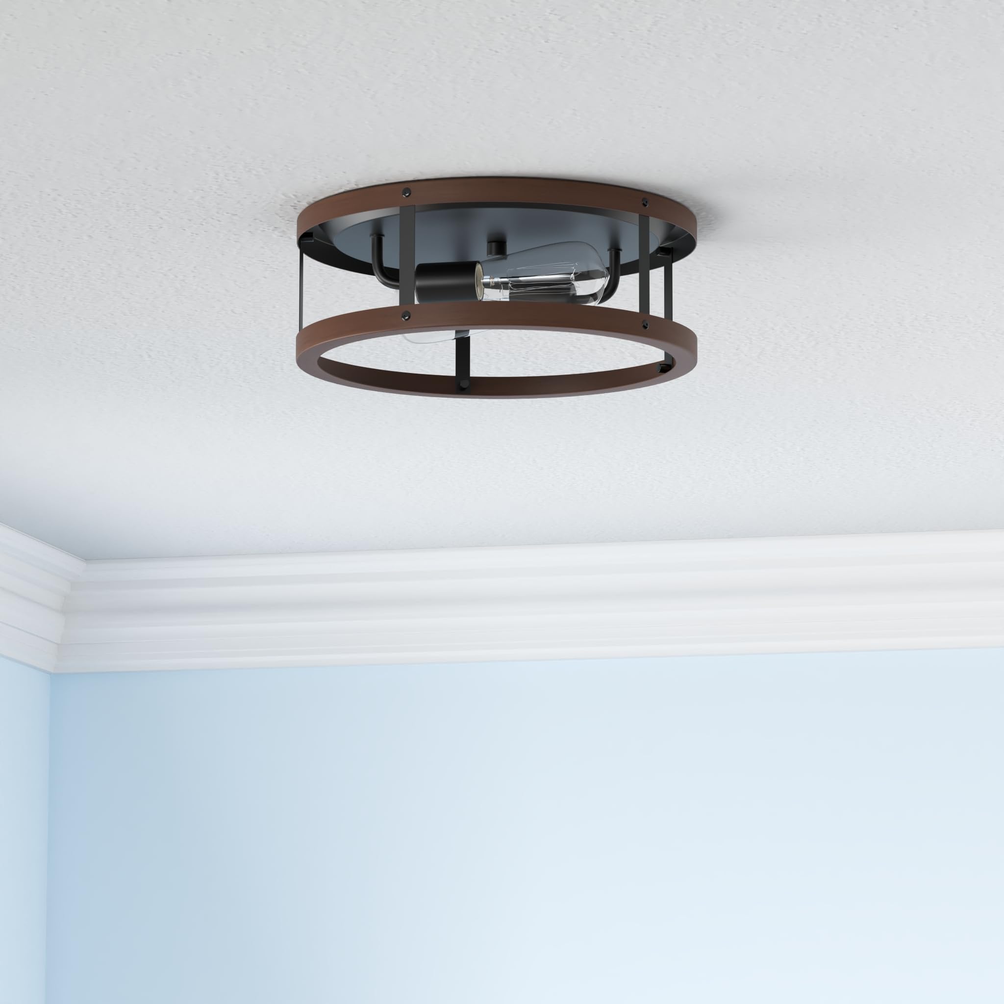 Eapudun Farmhouse 2-Light Flush Mount Ceiling Light, Matte Black & Wood, Retro Design