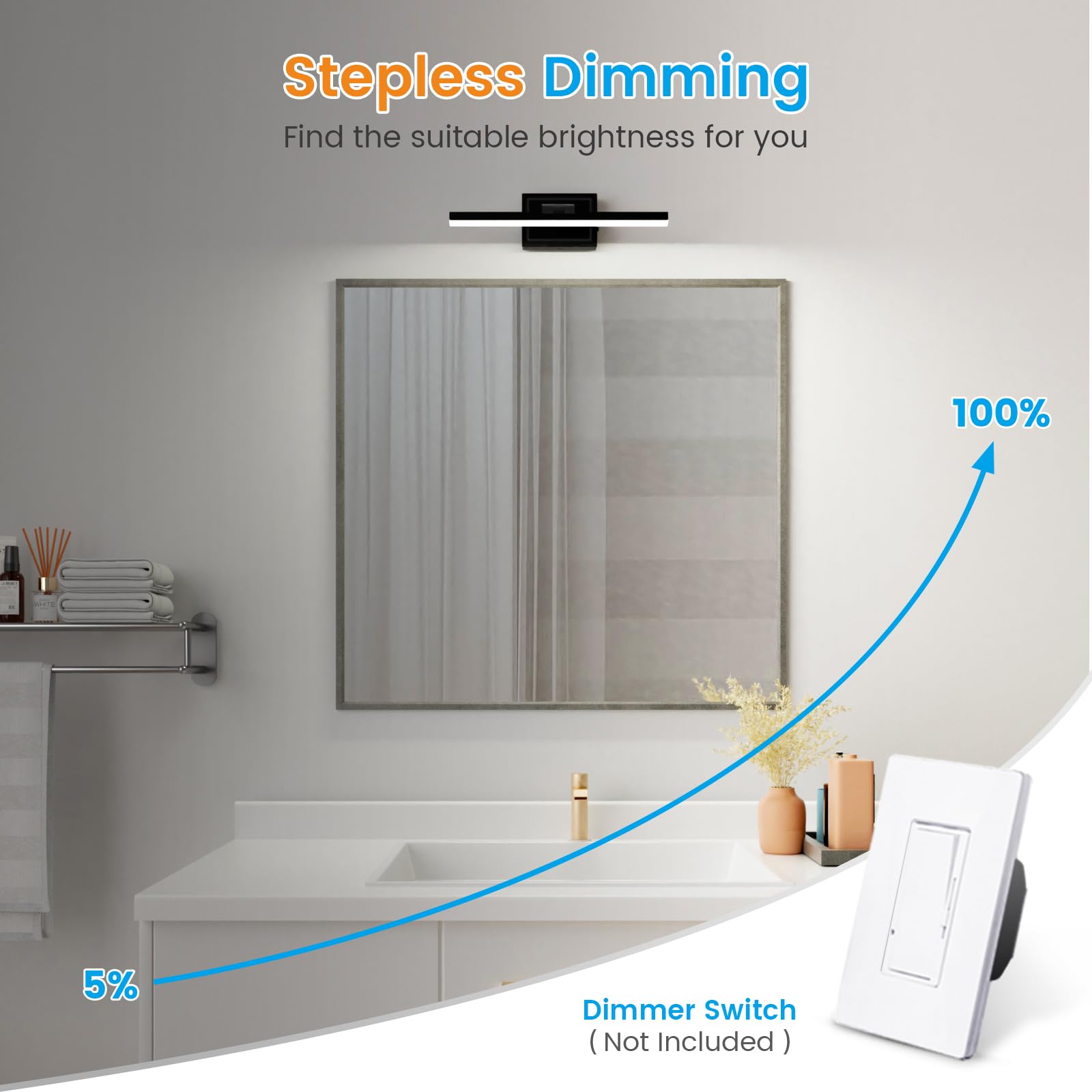 Volisun Modern Bathroom Vanity Light 15.7 Inch, Rotatable, 12W Dimmable 5Cct Led Bathroom Light Fixture Over Mirror, Black Bar V