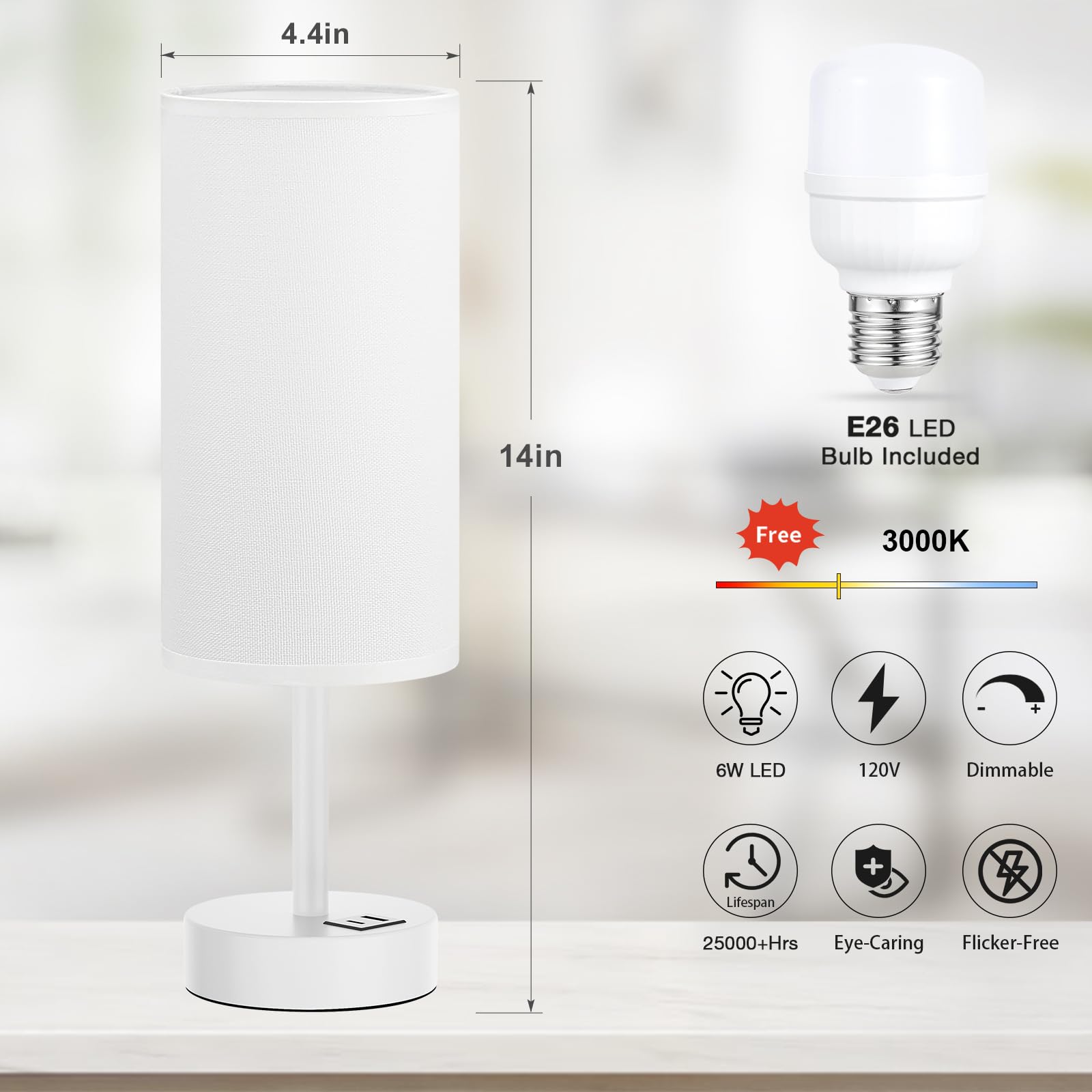 White Touch Bedside Lamp For Bedroom - 3 Way Dimmable Table Lamp With Usb, Nightstand Lamp With White Charging Station For Desk