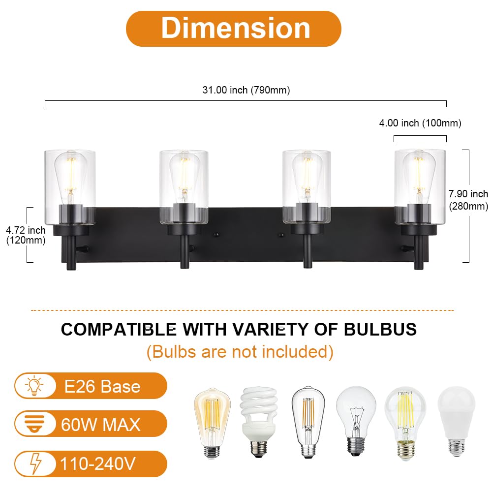 VINLUZ 4-Light Bathroom Vanity Light Fixture, Black Metal Sconces with Clear Glass Shades, Model 1810-4W-11, Modern Industrial Design