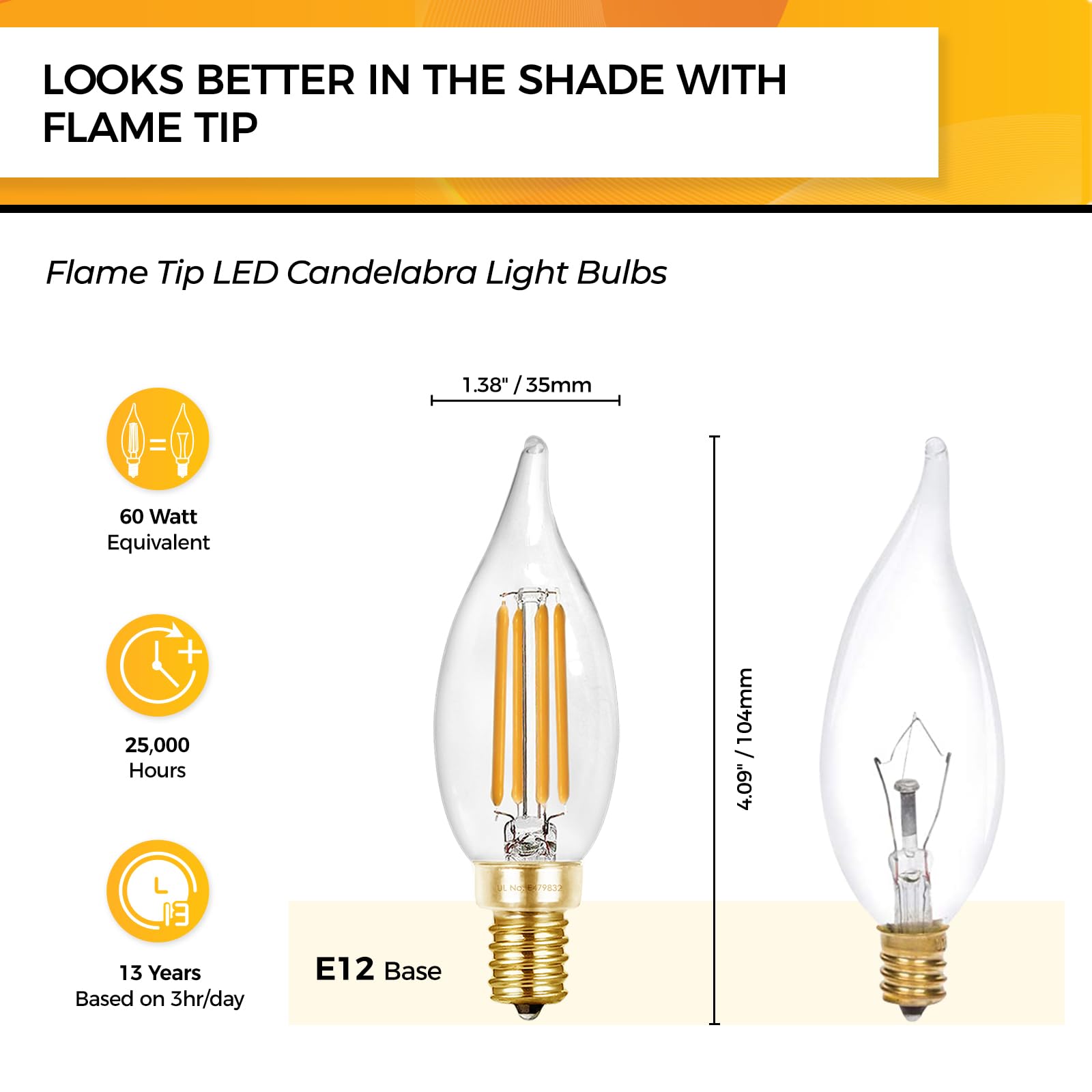 Hizashi E12 LED Candelabra Bulb 60W 2700K Soft Warm White Dimmable 6W 550LM CA11 Flame Tip - 6 Pack