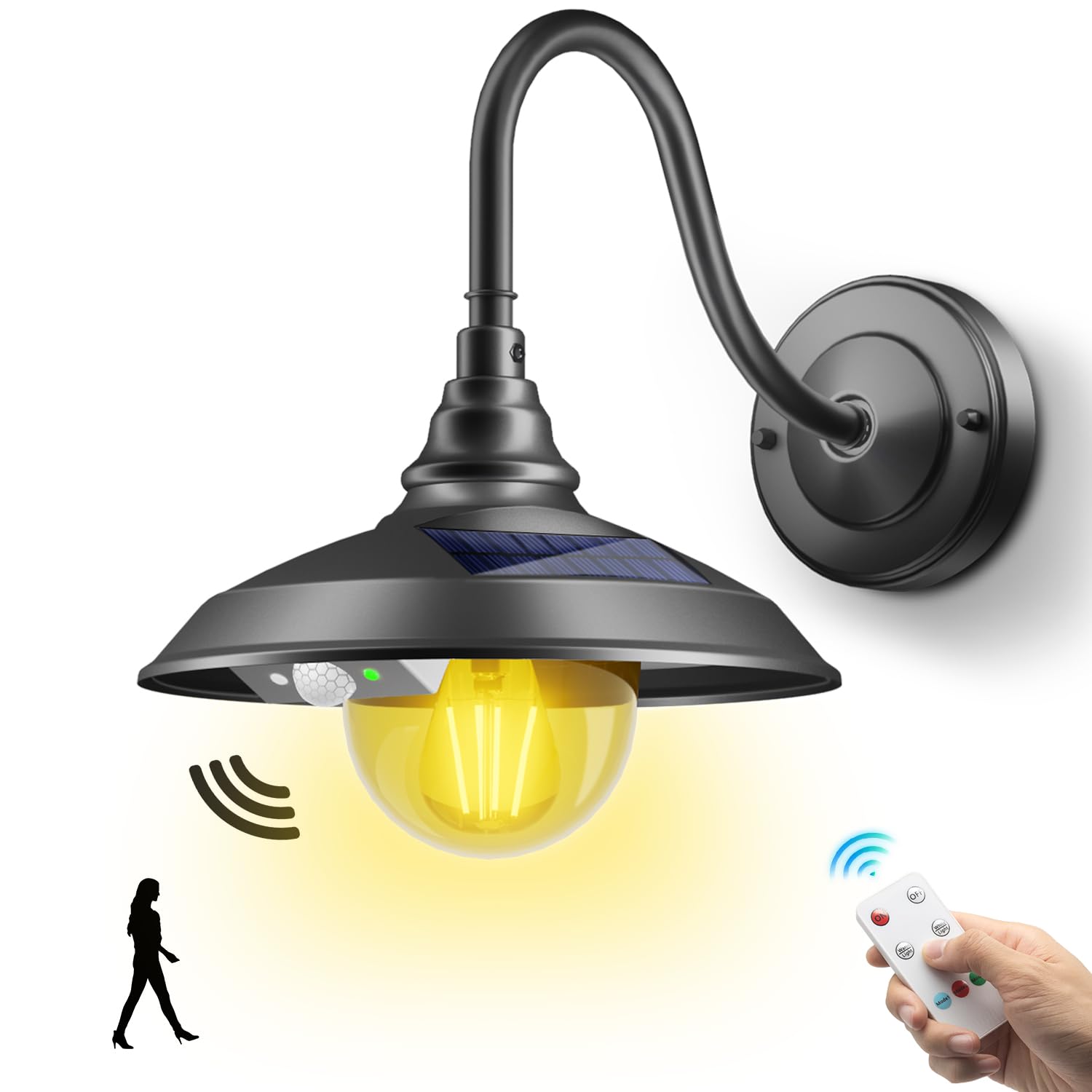 SIEDiNLAR Solar Barn Light Outdoor 3 Modes 2 Lighting, Aluminum Gooseneck Wall Light Vintage Farmhouse Waterproof with Remote & 
