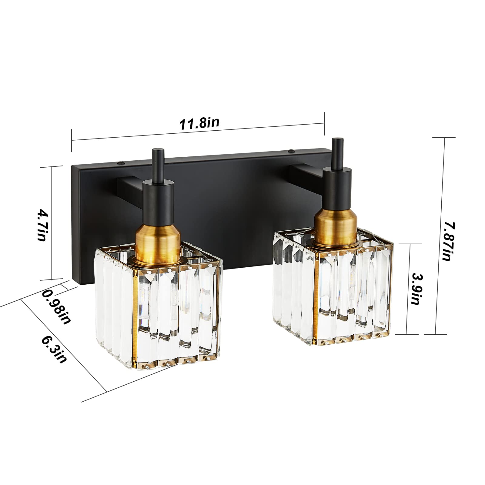 Huoku Modern Crystal Bathroom Vanity Light 2-Lights Black And Gold Bathroom Light Fixtures Over Mirror Bath Wall Sconce Lighting