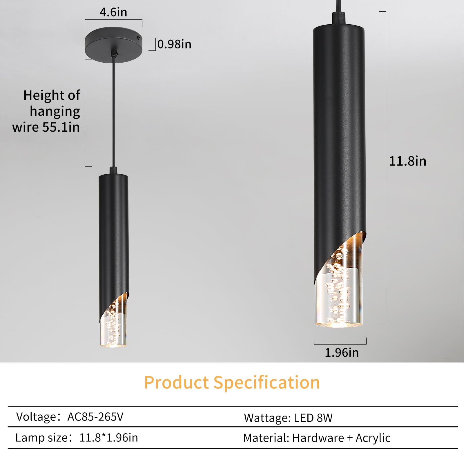 Minimalist Kitchen Island Pendant Lights  Black Modern Linear Hanging Light Fixture  Bubble Acrylic  Adjustable 2700K/4500K/6500K  Led Ceiling Lighting For Dining Room  Bedside  Bathroom  Bar