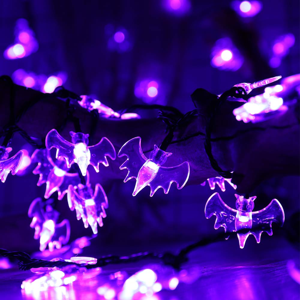 RECESKY 70 LED Bat String Lights - 22.6ft Purple Halloween String Light with Auto Timer, Extendable, 8 Modes - Waterproof Spooky
