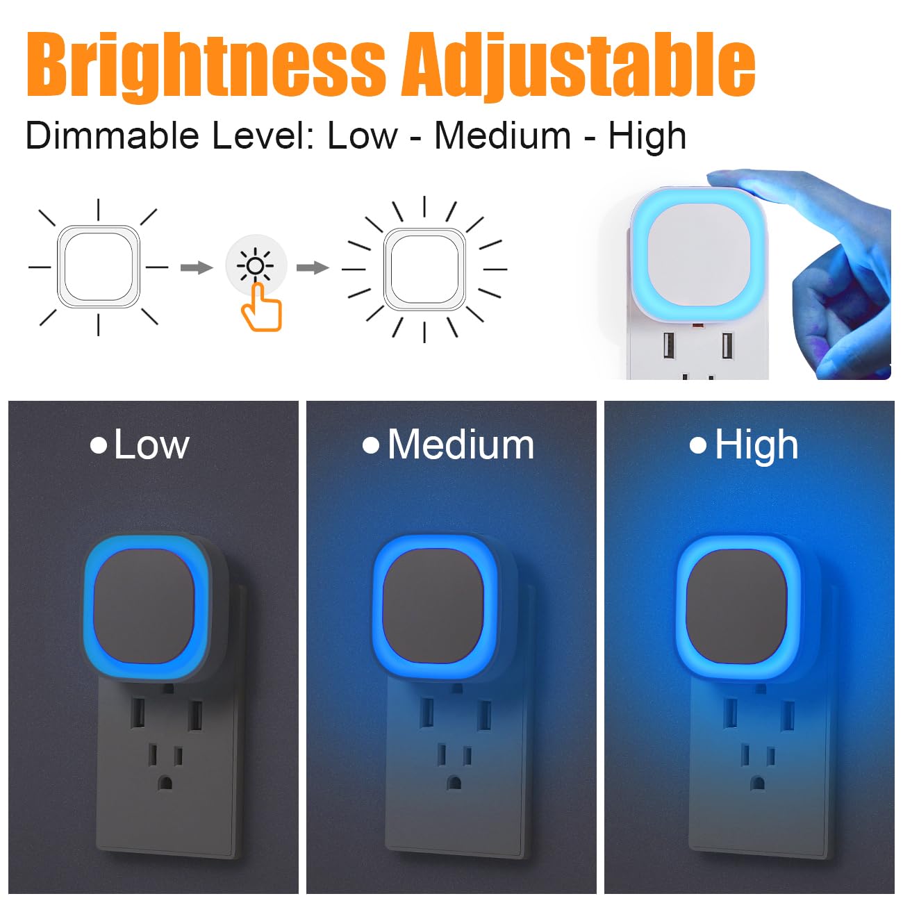 Yunlex 2 Pack Plug In Dimmable Night Light, Auto Dusk To Dawn Sensor, Square Nightlight, Led Wall Night Light, Soft Glow, Azure Nightlight For Bathroom, Hallway, Stairs, Kitchen, Bedroom, Garage