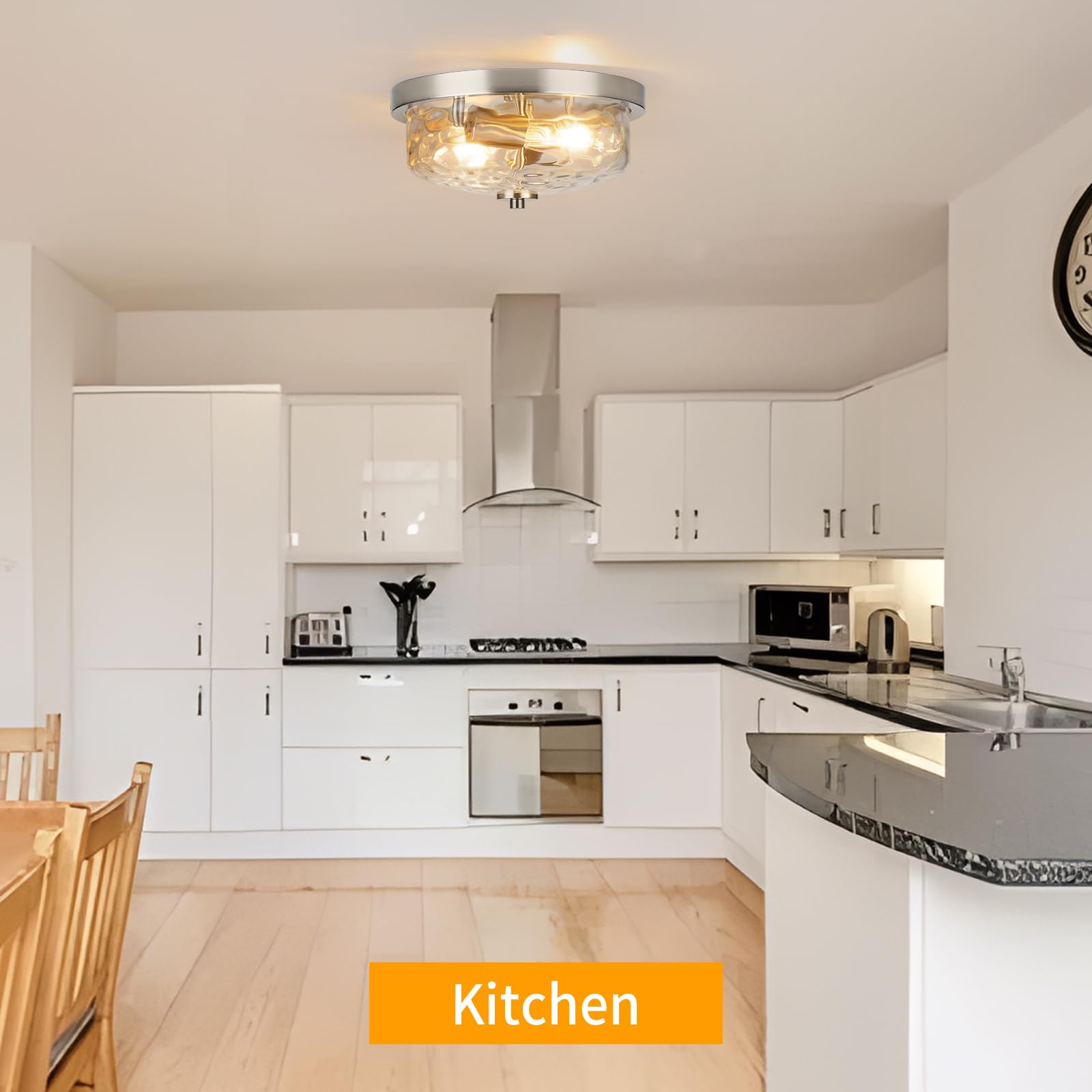 Foucasal Brushed Nickel Flush Mount Light, Kitchen Ceiling Fixture With Water Ripple Glass Shade, 2-Light Outdoor Porch Flush Mo