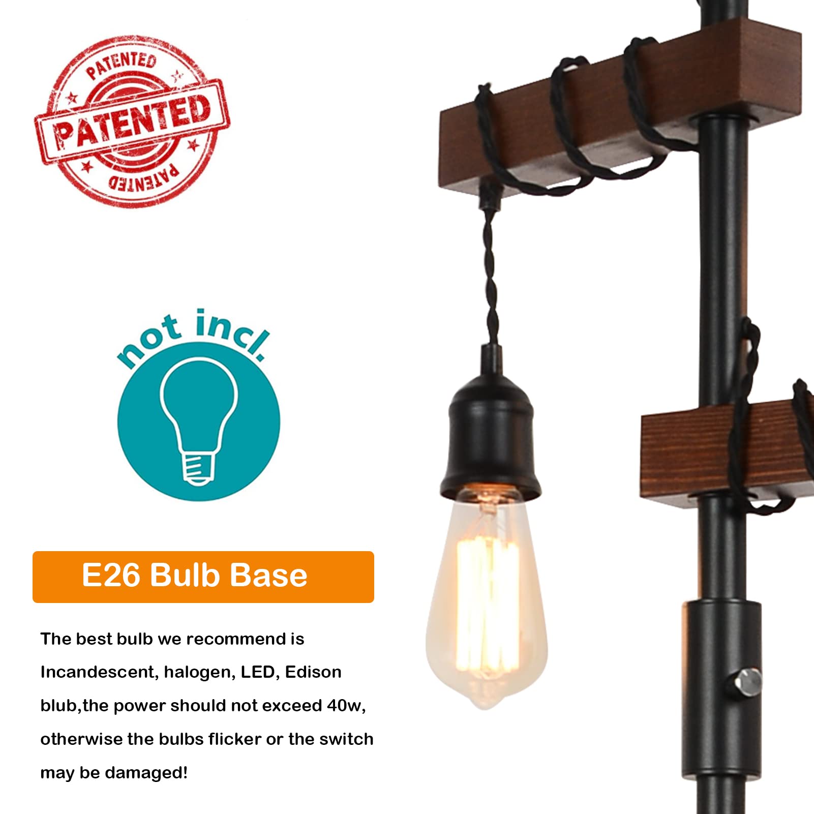 Airposta Industrial Floor Lamp - 68" Rustic Wood & Metal, 3 Lights, Black Pole, Sturdy Base for Living Room/Bedroom/Office