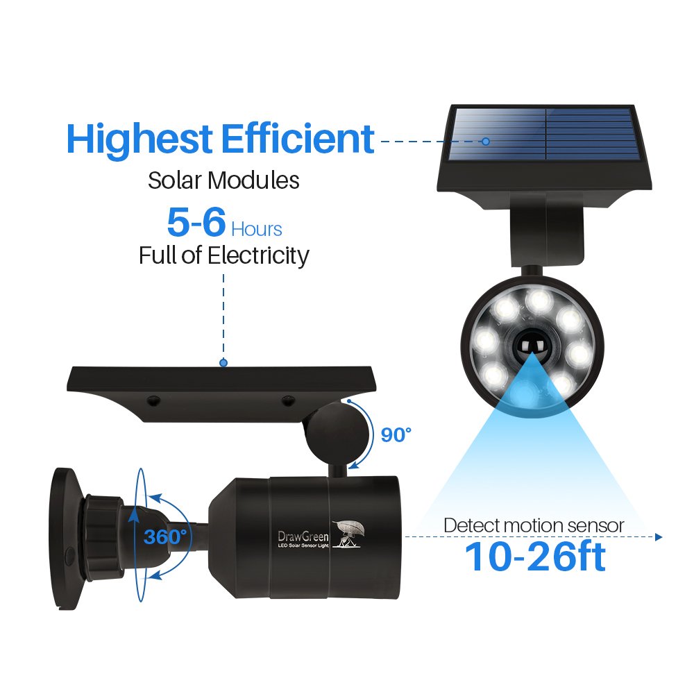 DrawGreen Solar Motion Sensor Light - 1400-Lumen 9W Waterproof Outdoor Security Spotlight for Yard, Black, Model DG08-S2b