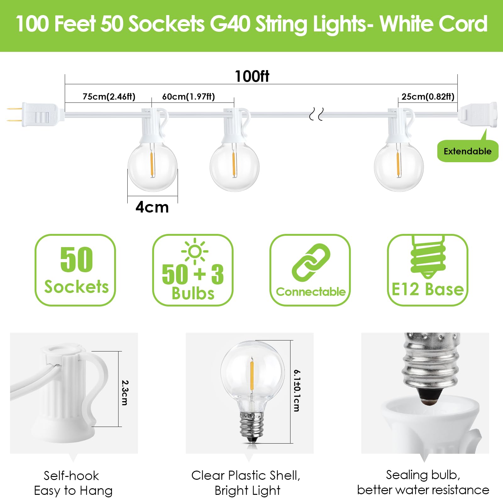 Mlambert 100Ft Led Outdoor String Lights, Dimmable Waterproof G40 Globe Patio Lights With 50+3 2700K Shatterproof Bulbs For Cafe