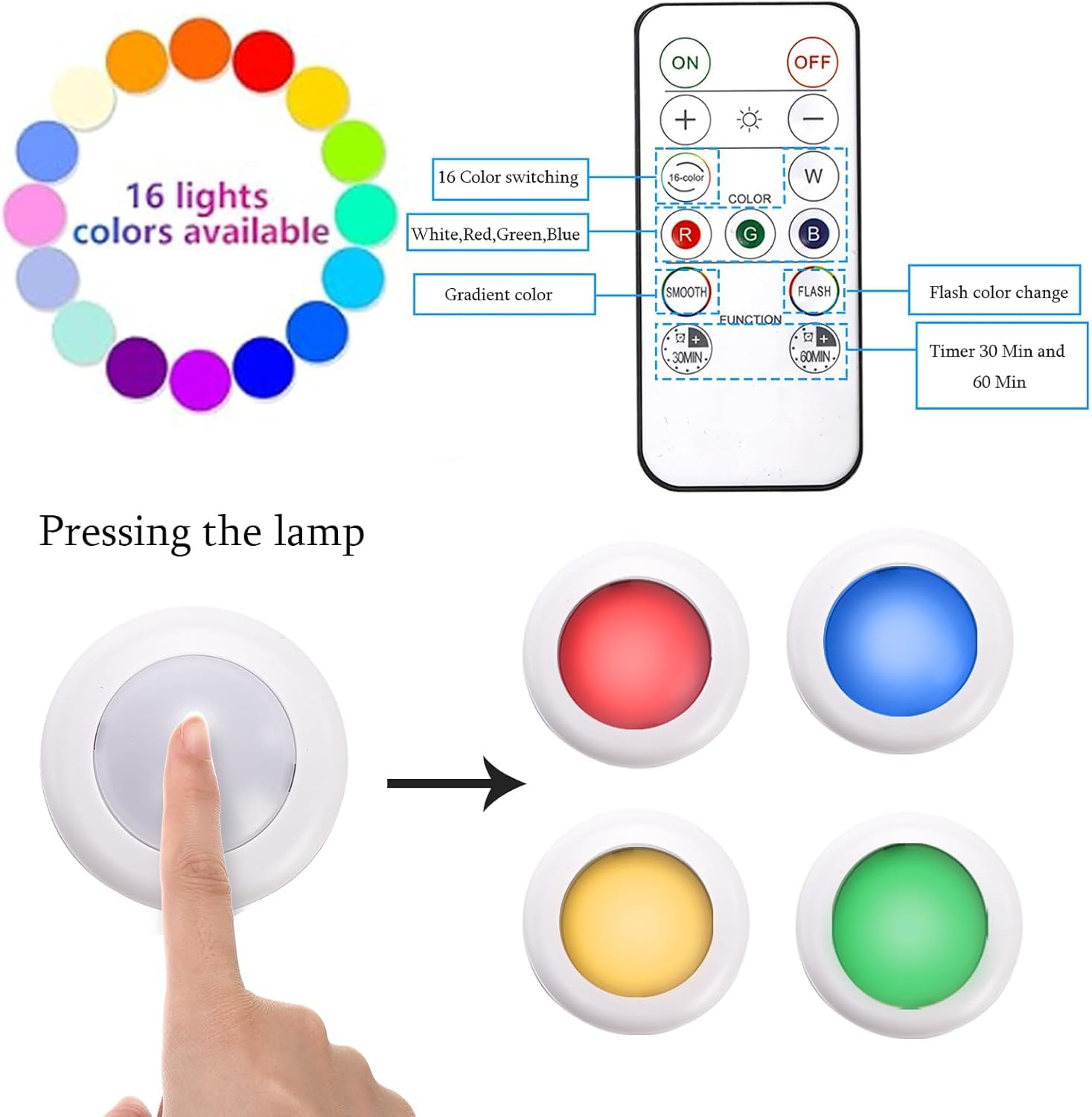Hbaushun Led Puck Lights 6 Pack,16 Color Changeable Wireless Led Cabinet Lights,Battery Operated Night Light With Dimmer & Timme