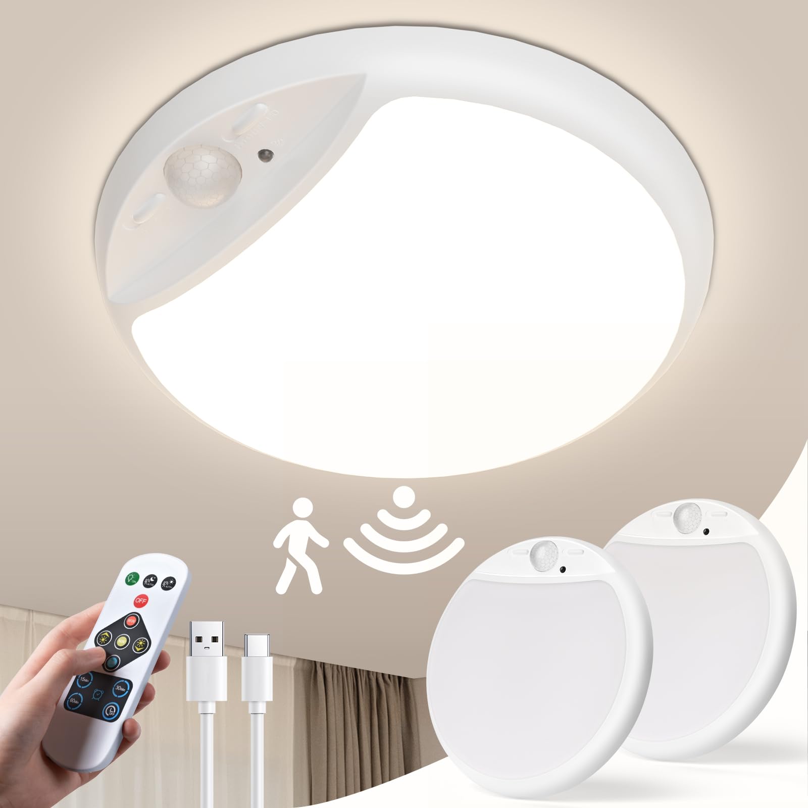 Hokone Rechargeable Motion Sensor Ceiling Light with Remote,Battery Operated Wireless LED Closet Light 10000mAh,Dimmable 600LM S