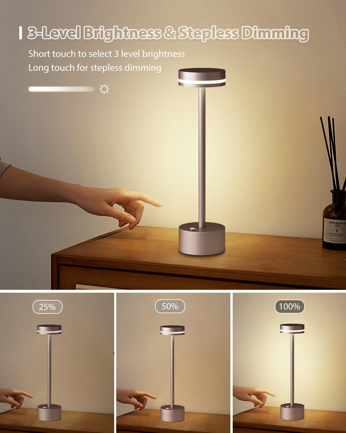 Funtaphanta Modern Rechargeable Cordless Table Lamp, Aluminum Shell Dimmable Battery Powered Lamp, 4000Mah Certified Battery, 30