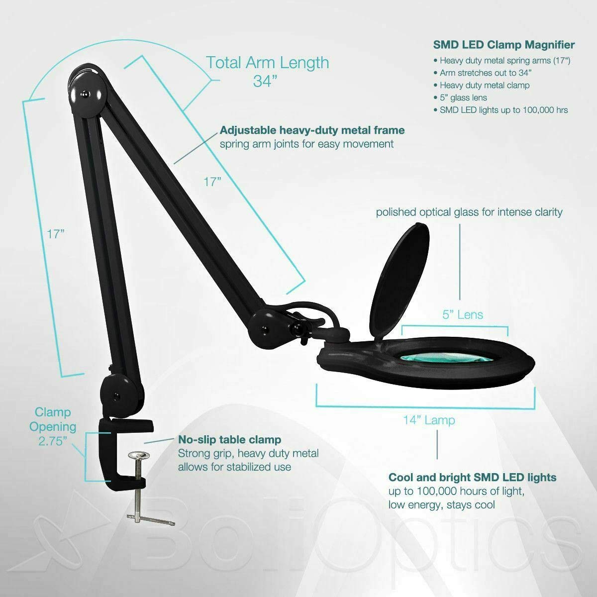 BoliOptics LED Magnifying Lamp with Clamp, 8 Diopter, 3X Magnification, Dimmable, Black, Model MG16303322