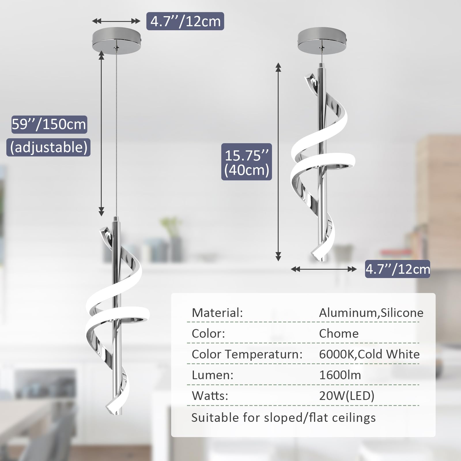 Caneoe Modern Pendant Light Kitchen Island Lighting 6000K Chrome Led Pendant Light Fixtures Over Island Adjustable Height Pendan