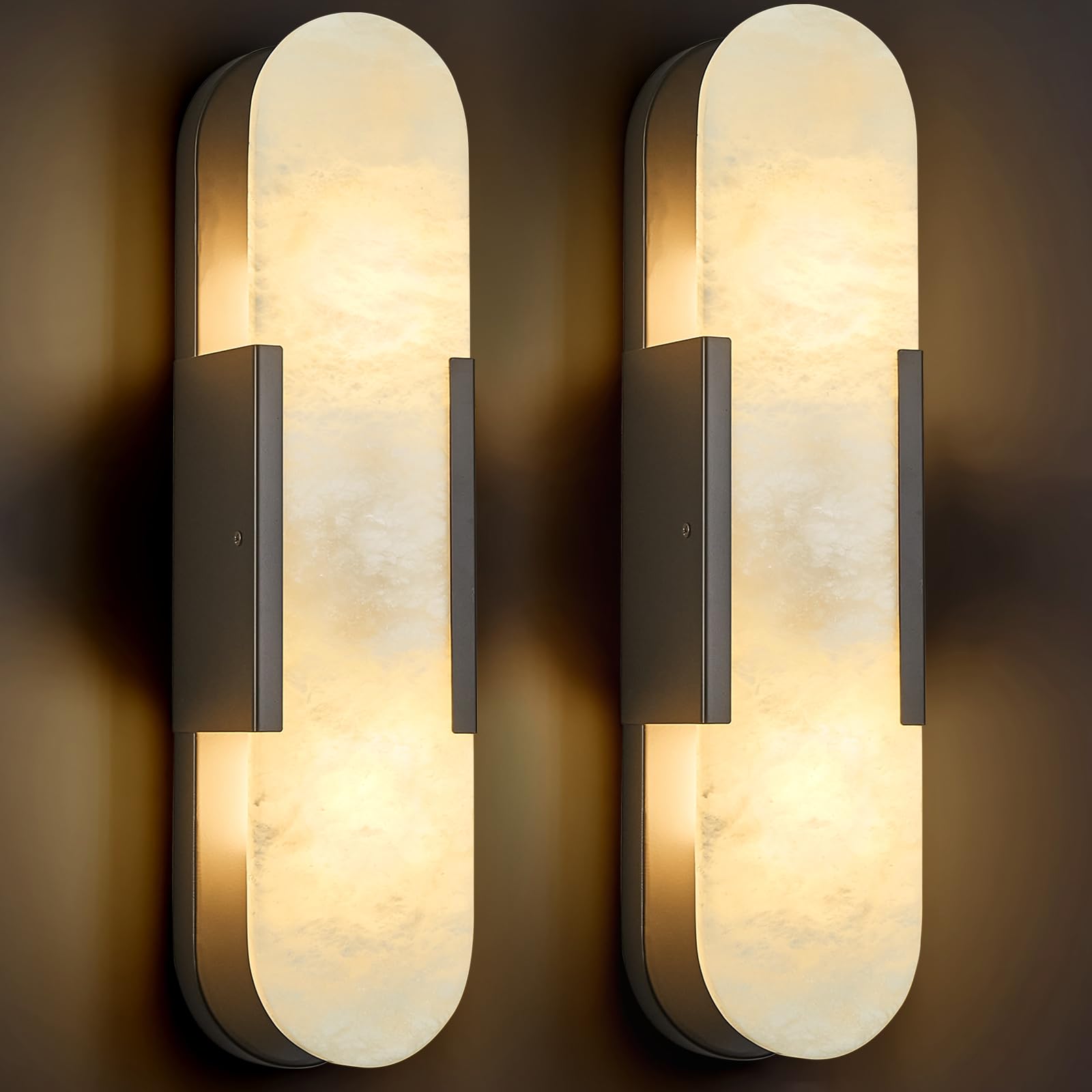PNJXSRJH Natural Alabaster Wall Sconces Set of Two, Modern Marble Black Wall Sconce 20 inch Indoor Wall Lighting for Bedroom Bat