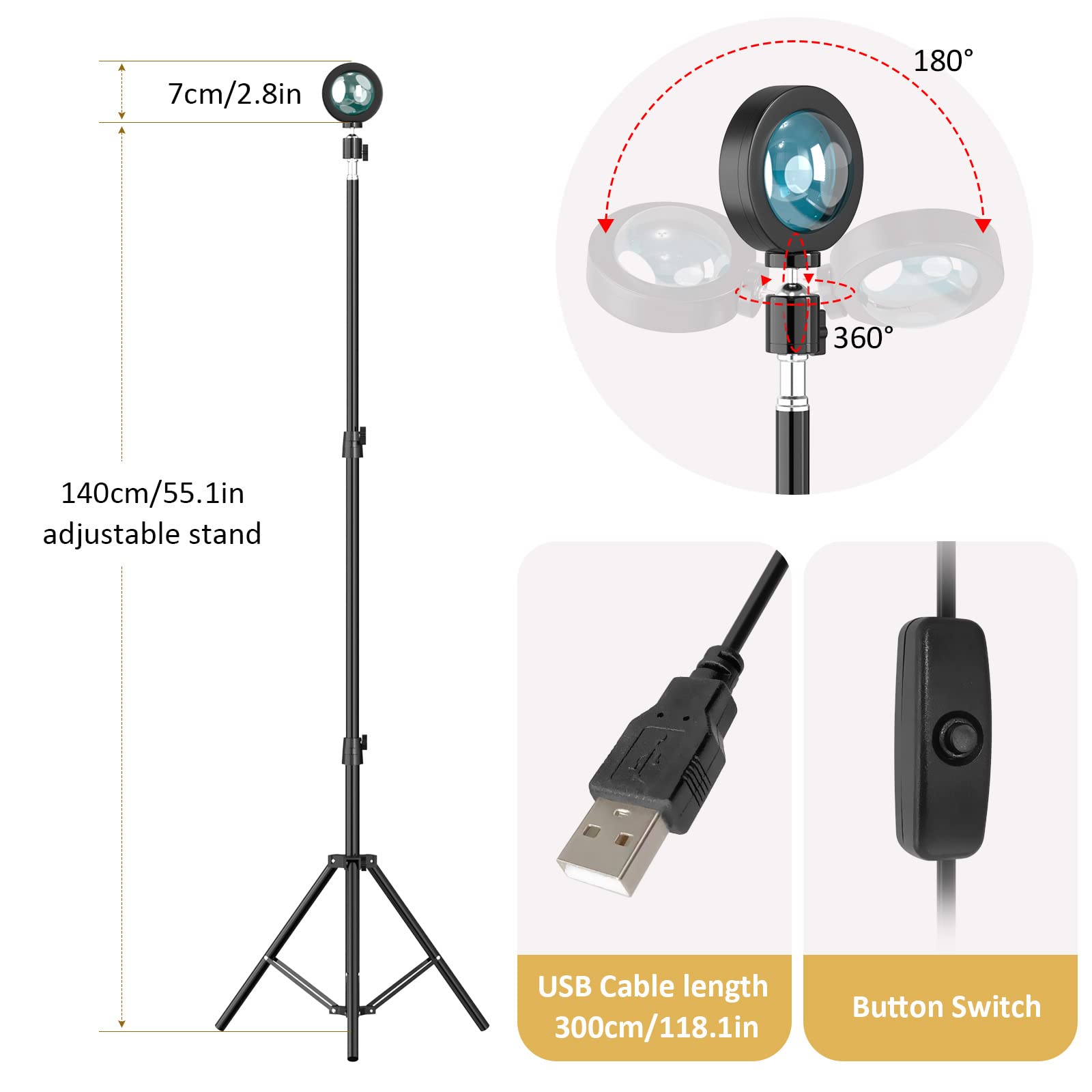Balkwan Sunset Floor Lamp - Adjustable 140cm LED Night Light, 360° Rotation, Aluminum, 55 inches, USB Cable