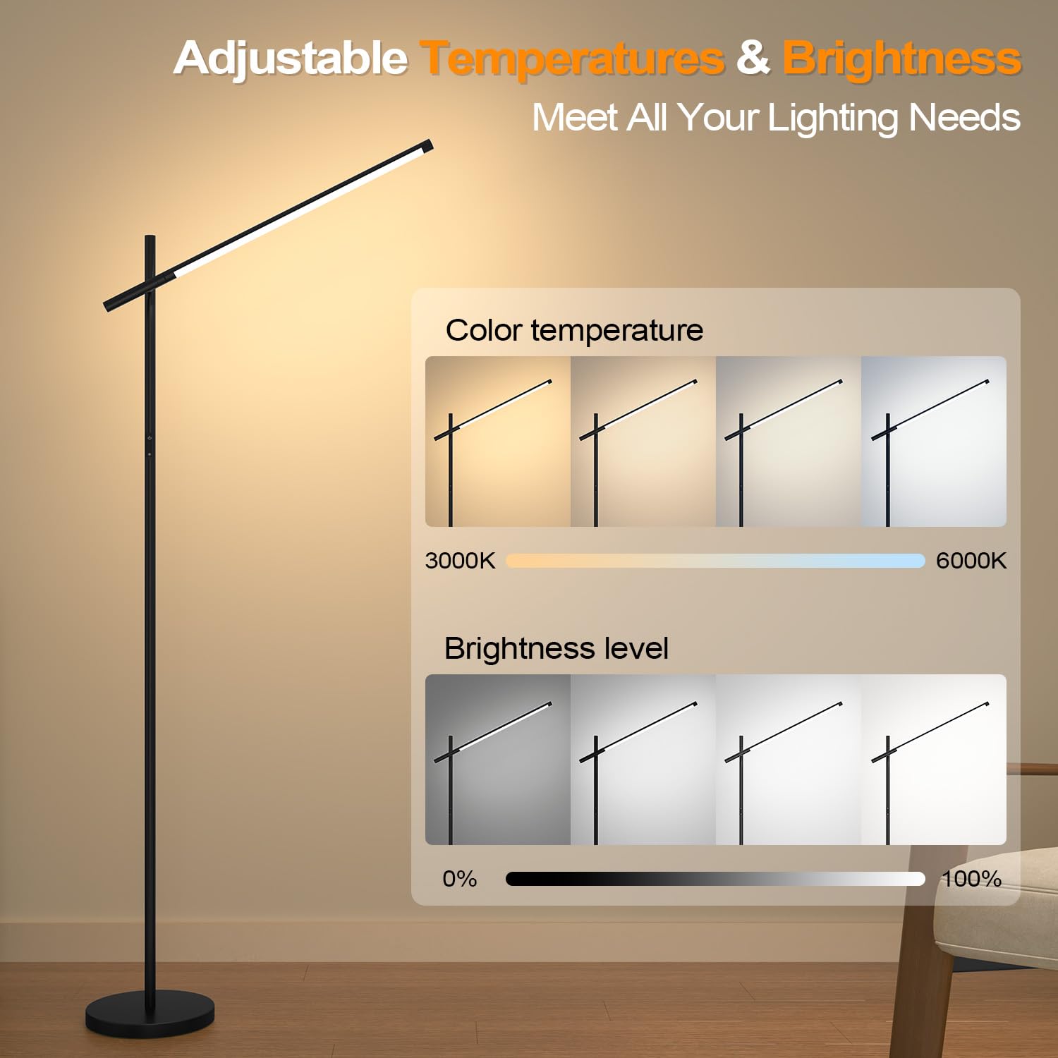 Nintiue LED Corner Floor Lamp, 360° Rotating Head, Dimmable 1800LM, 67" Tall, Black, Model F230072P1