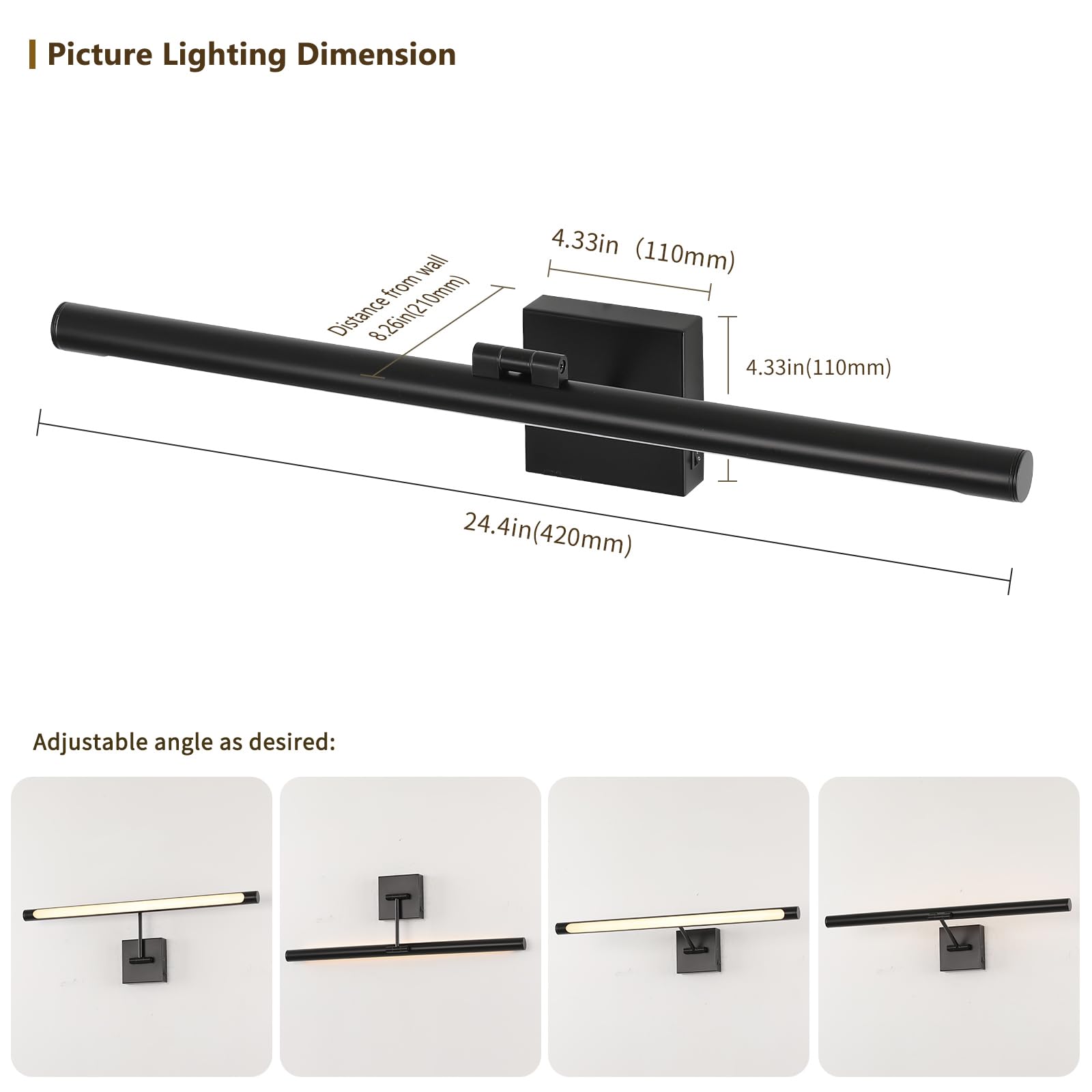 Joosenhouse Battery Operated Picture Light, 24.4 Inch, Metal, Black, Model 7110, Wireless with Remote Control and Timed Dimming