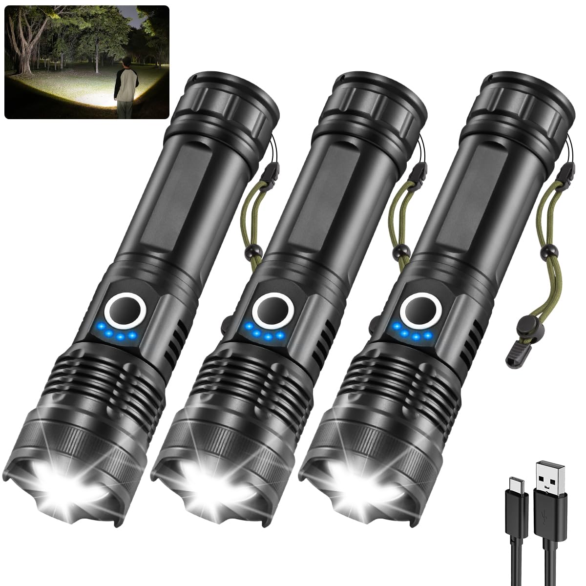 Staaricc 3Pack Rechargeable Flashlights High Lumens LED, 5 Modes, Adjustable Tactical, Black