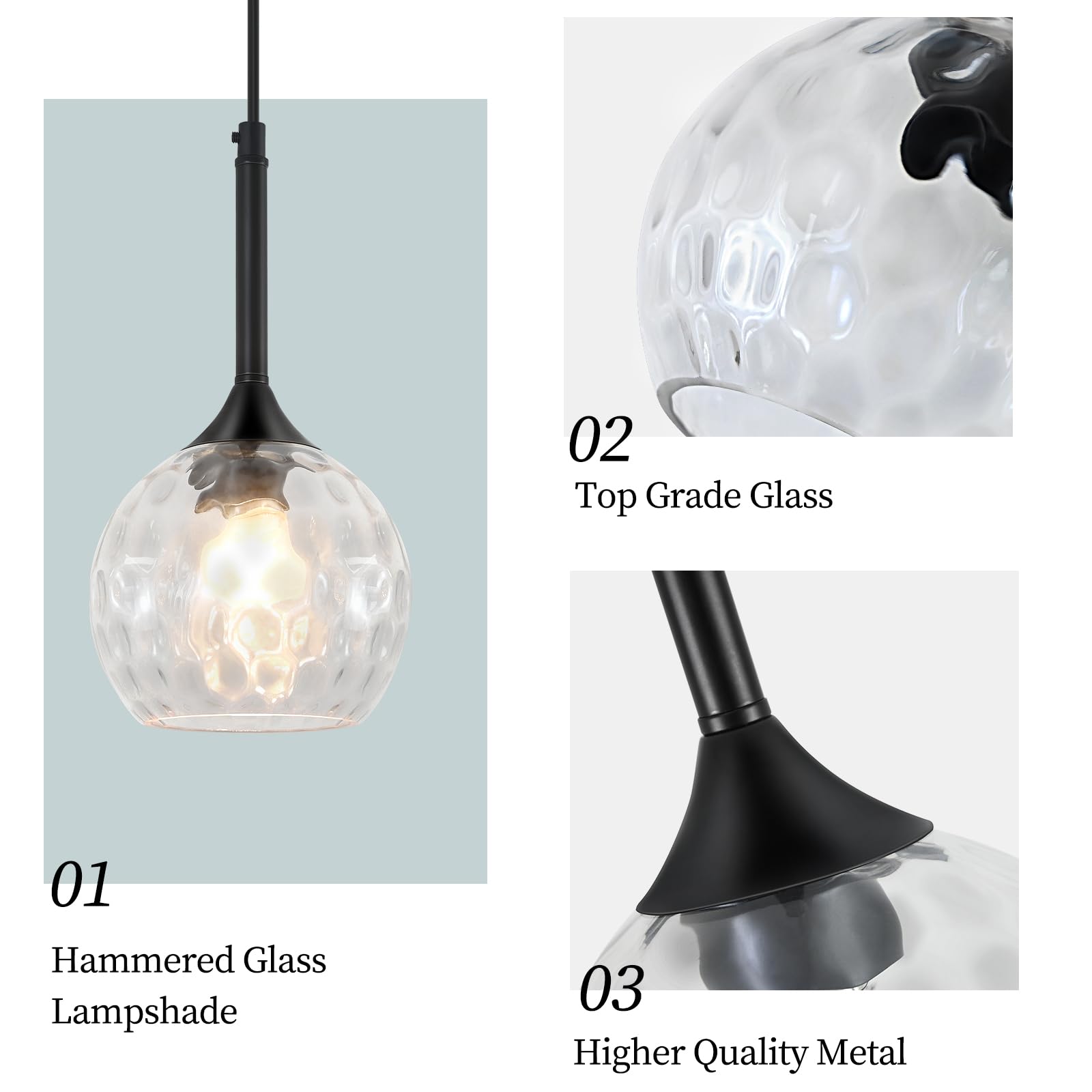JHLBYL Glass Pendant Light Fixtures, 2 Pack, 6in  Black with Clear Hammered Glass, Model HGPL02